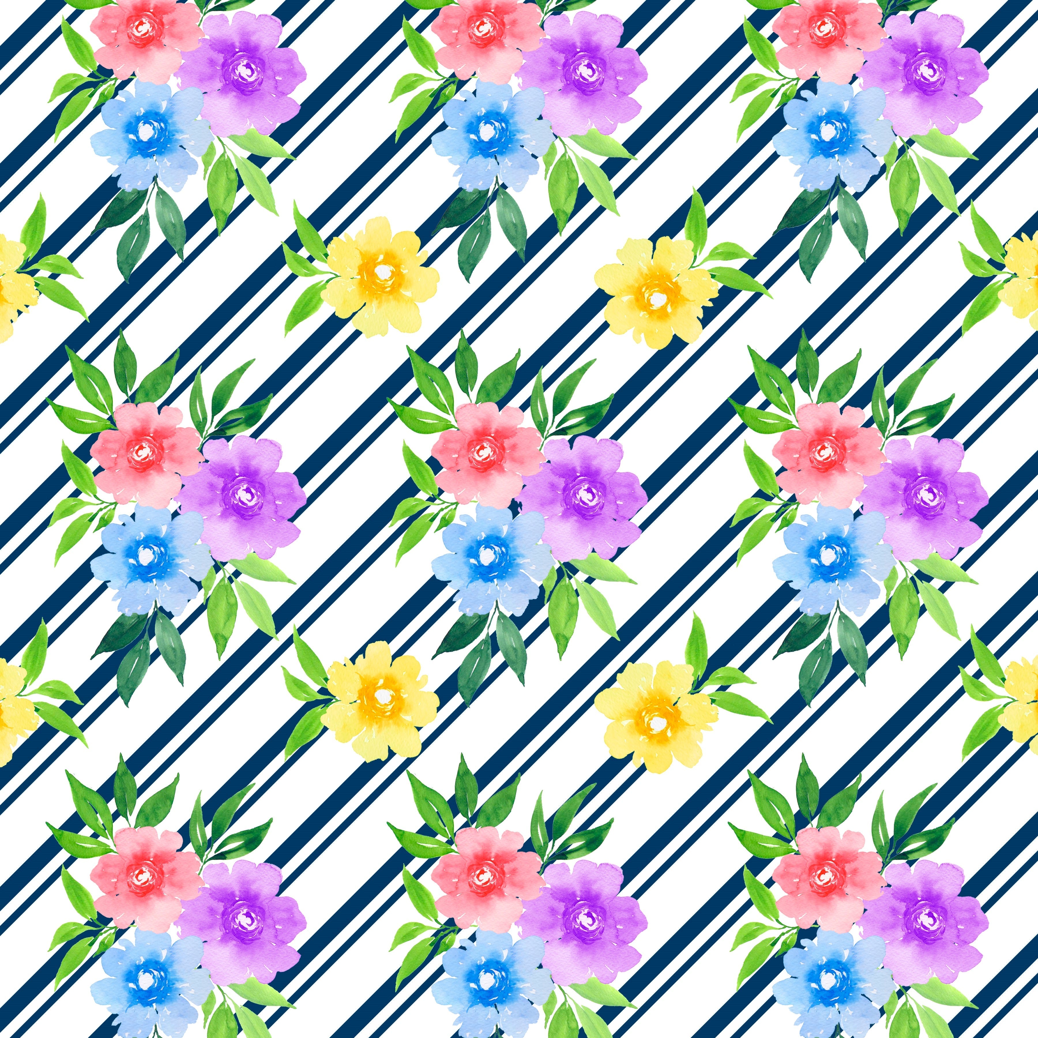 Garden Floral On White With Navy Diagonal Stripes Pattern Vinyl 12" x 12" - The Vinyl Haus Main image