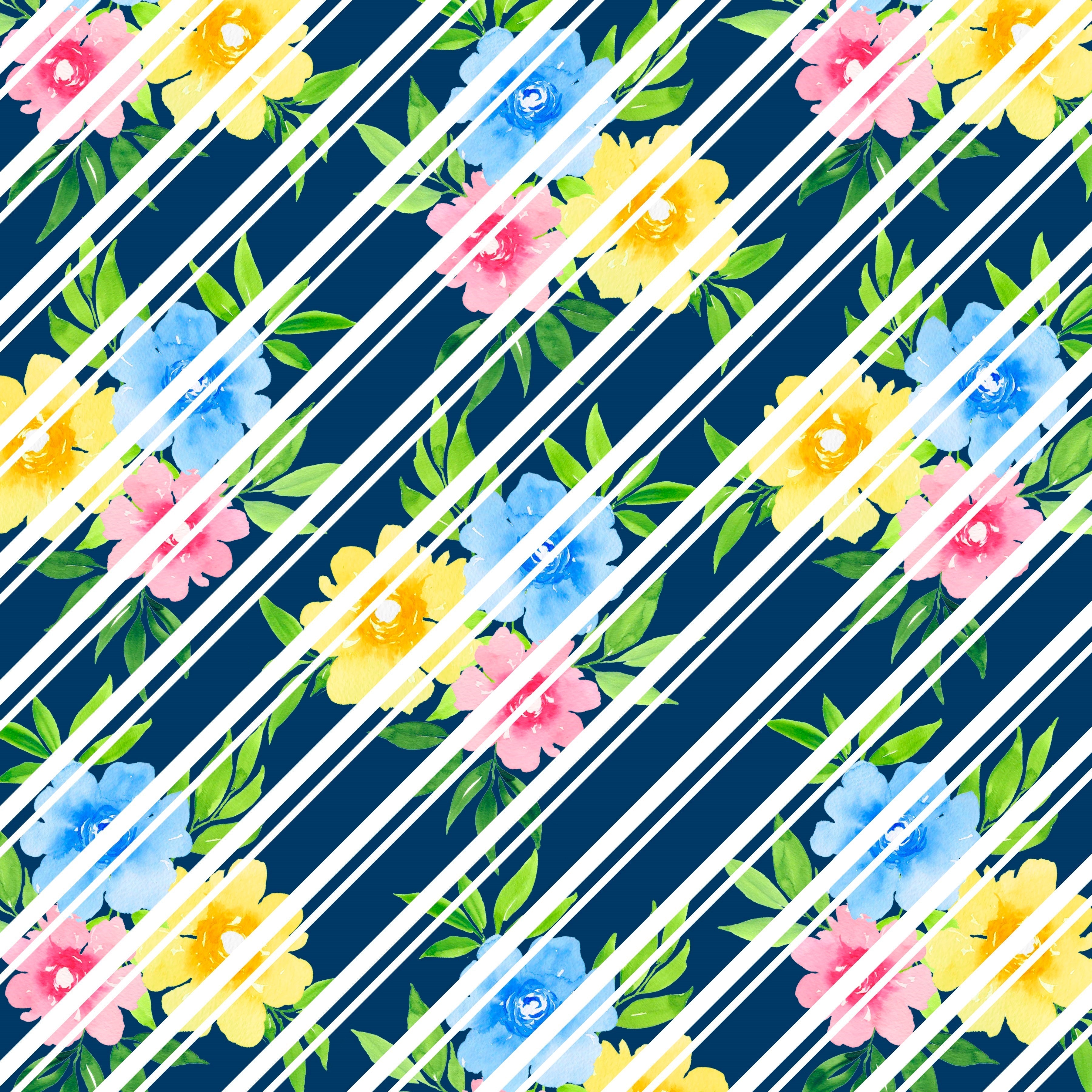 Garden Floral On Navy With White Diagonal Stripes Pattern Vinyl 12" x 12" - The Vinyl Haus Main image