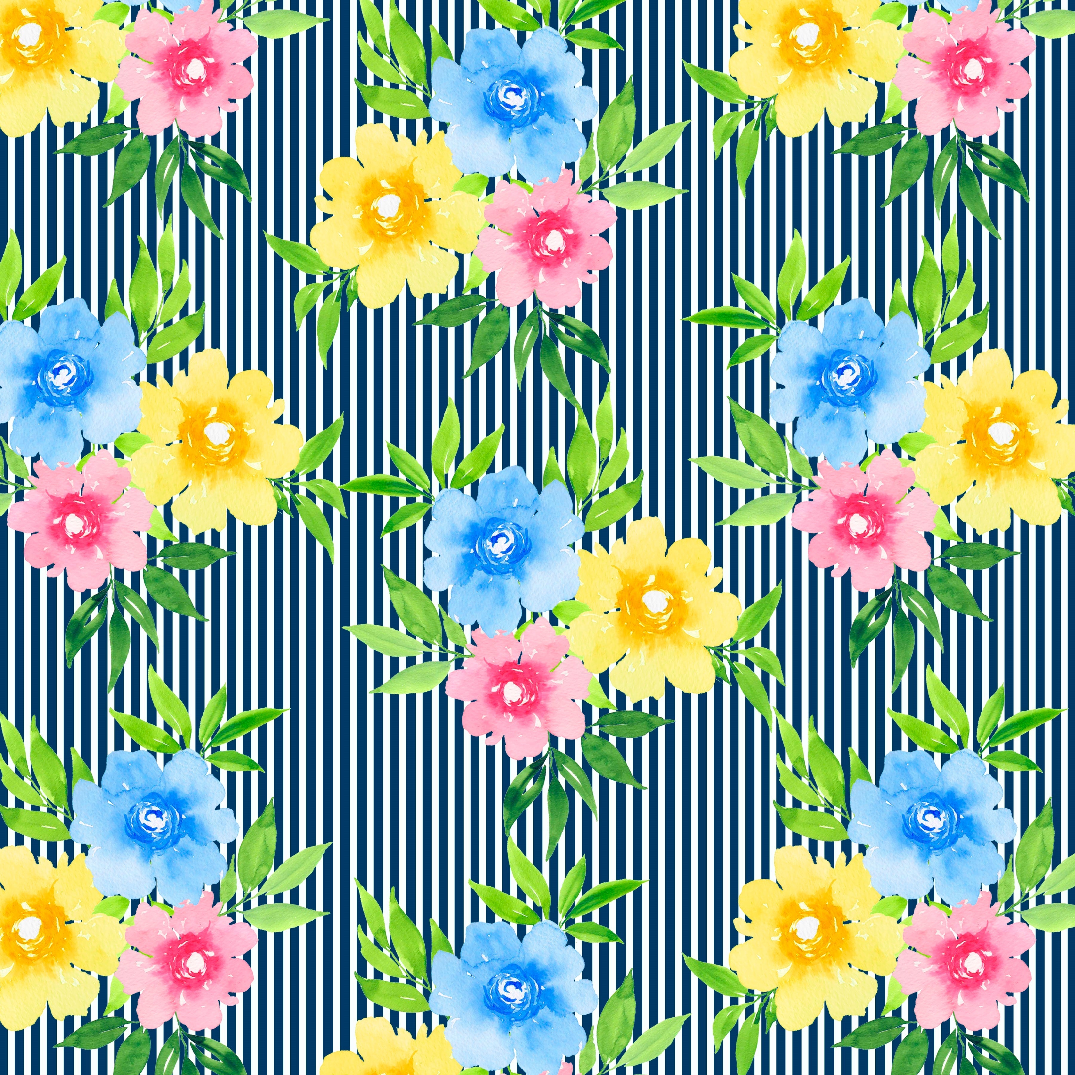 Garden Floral On Navy With White Thin Stripes Pattern Vinyl 12" x 12" - The Vinyl Haus Main image