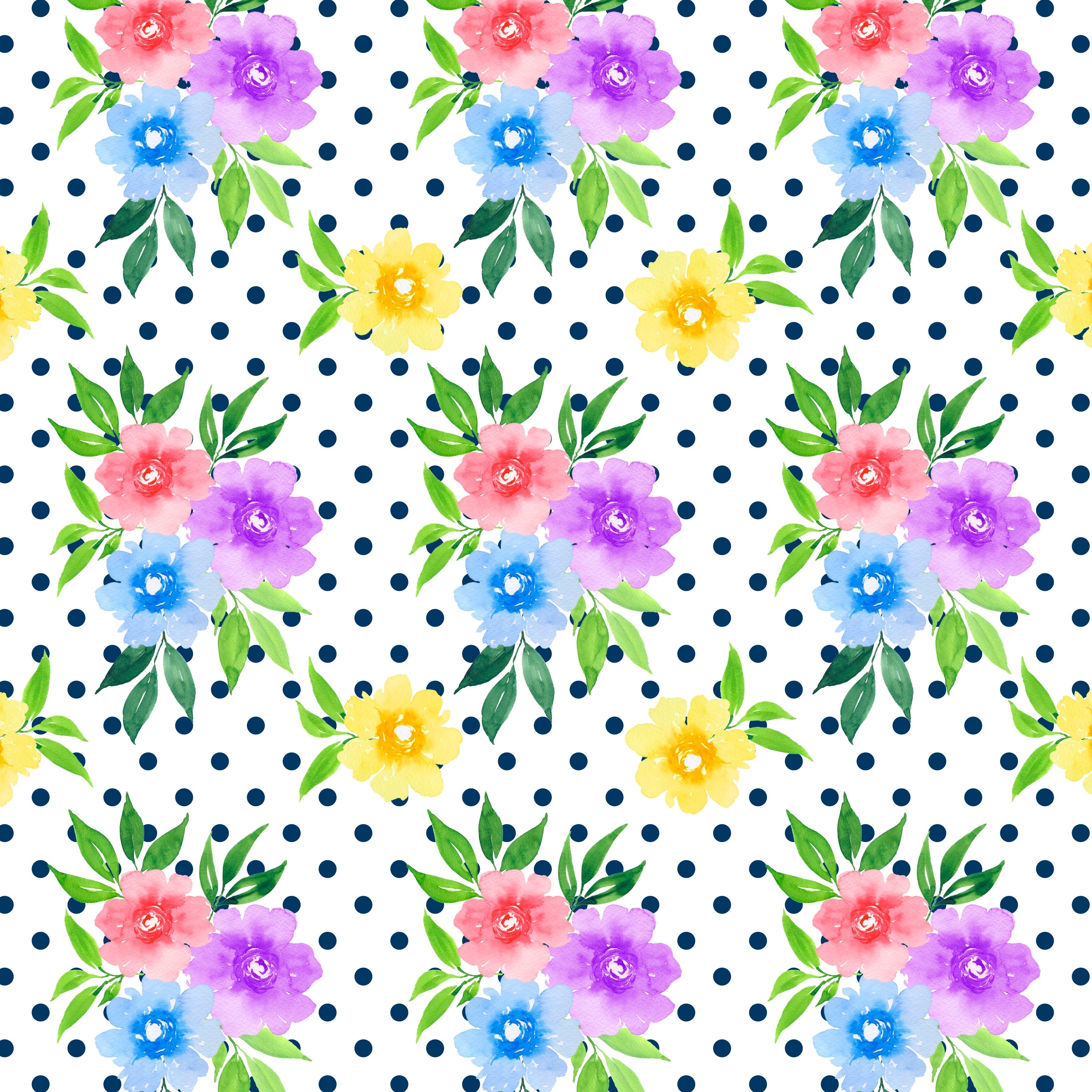 Garden Floral On White With  Navy Dots Pattern Vinyl 12" x 12" - The Vinyl Haus Main image