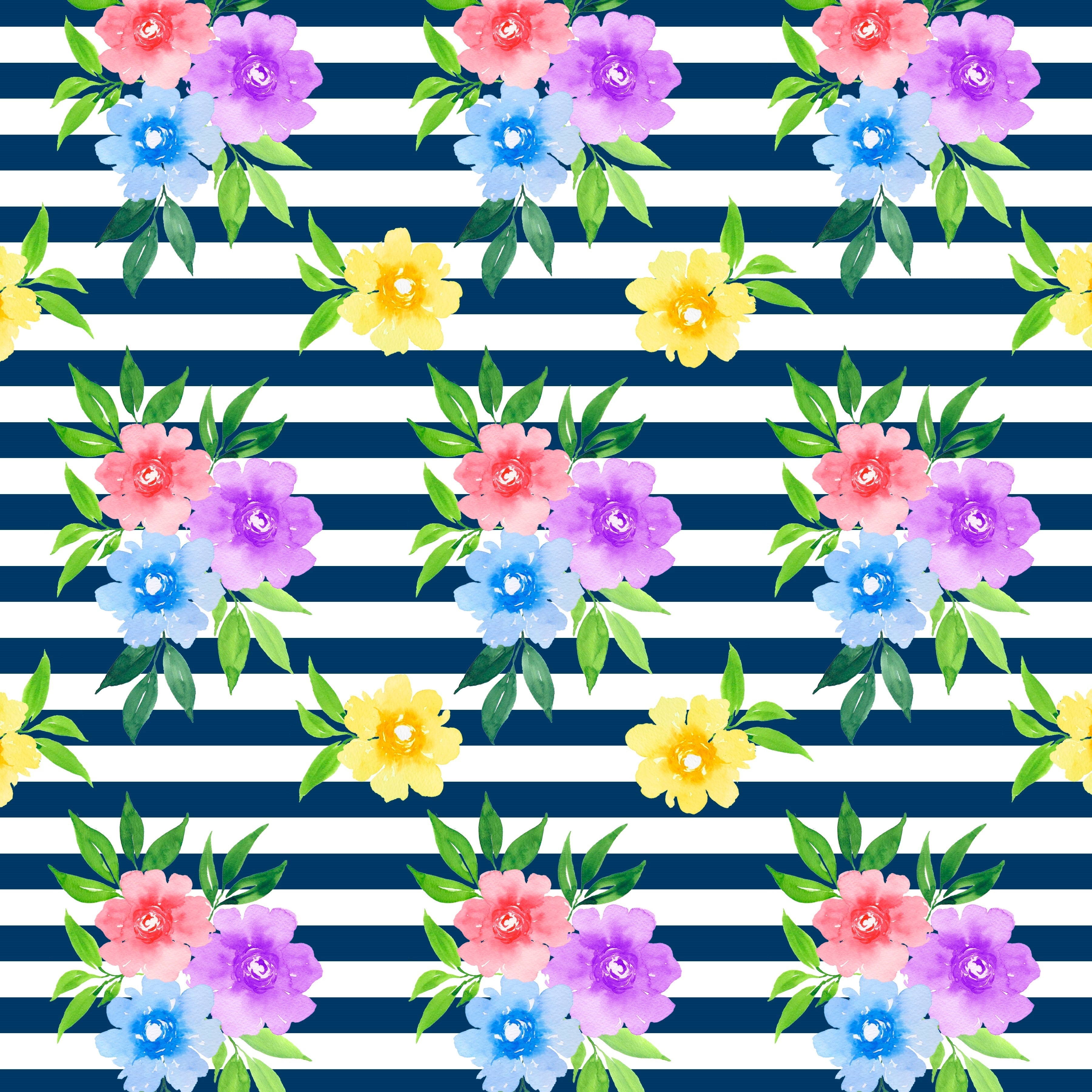 Garden Floral On Navy With White Horizontal Stripes Pattern Vinyl 12" x 12" - The Vinyl Haus
