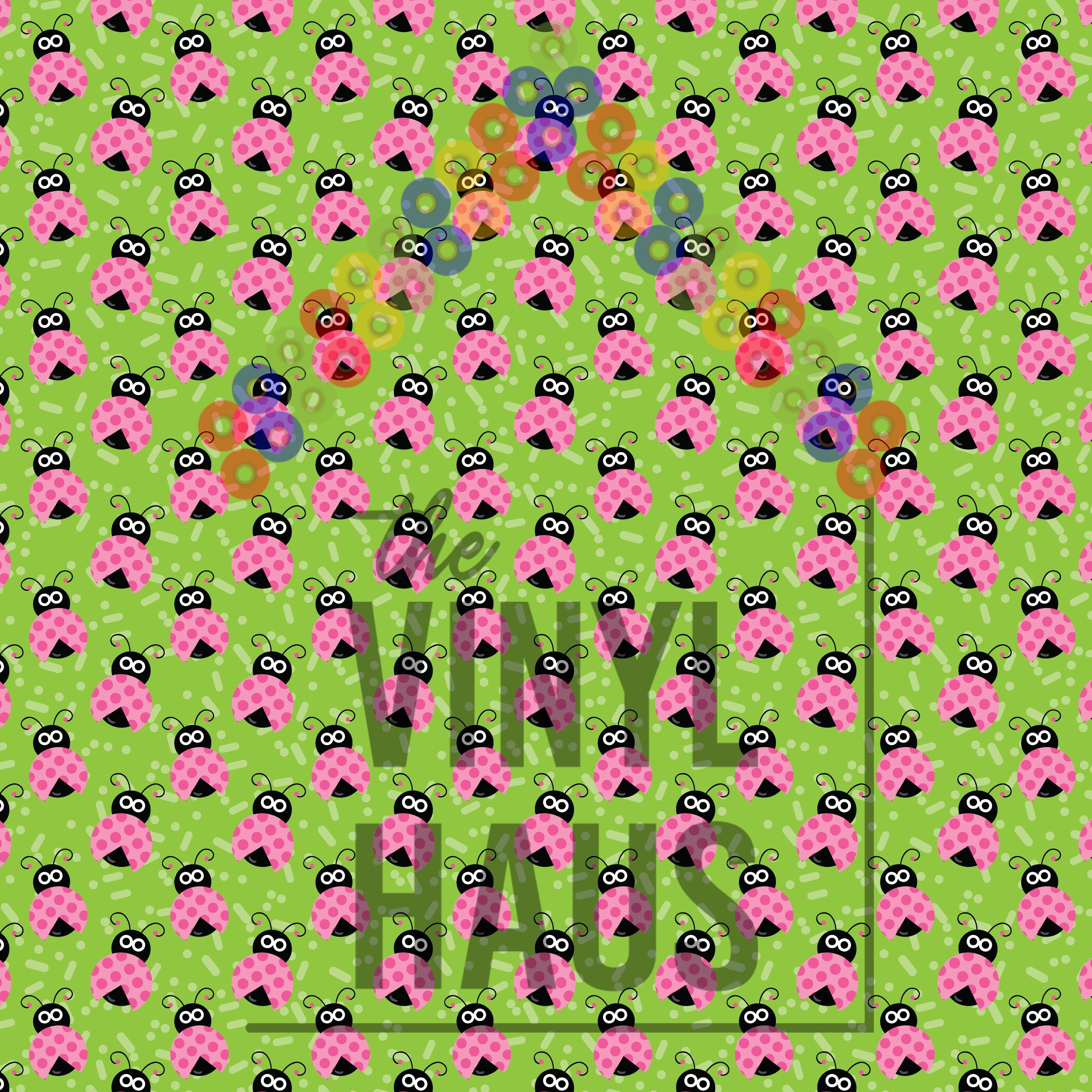 Pink Ladybugs Green Background Pattern Vinyl 12" x 9" - The Vinyl Haus Main image