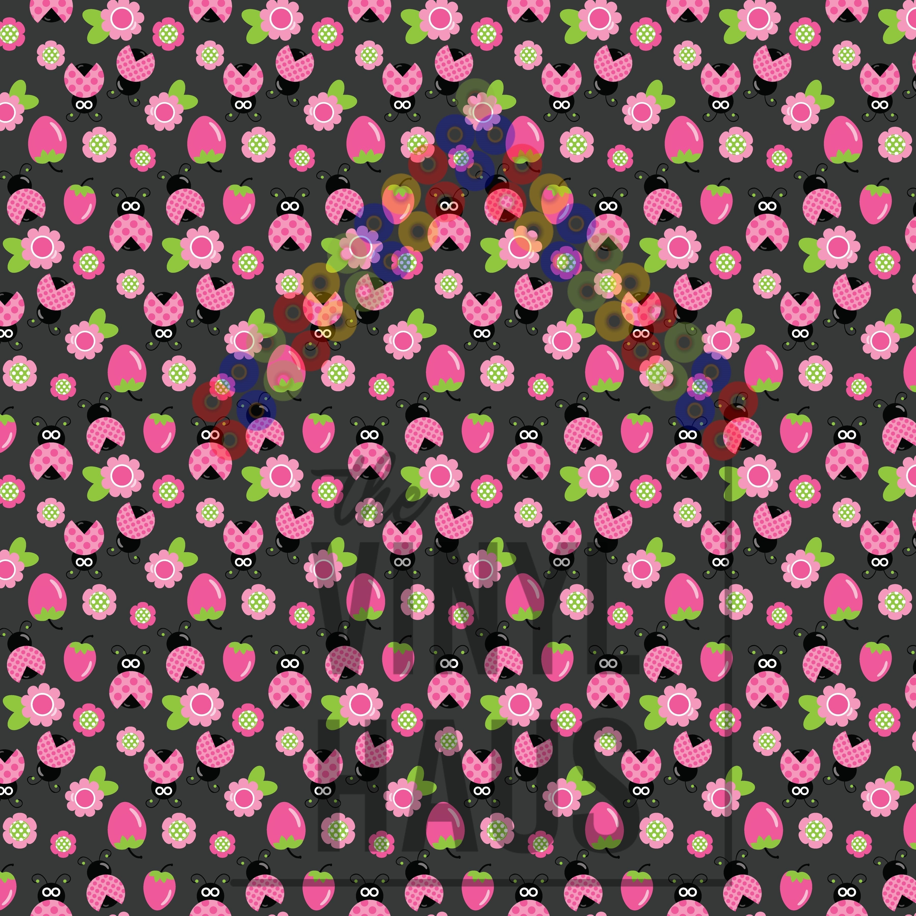 Pink Ladybugs and Flowers Black Background Pattern Vinyl 12" x 9" - The Vinyl Haus Main image