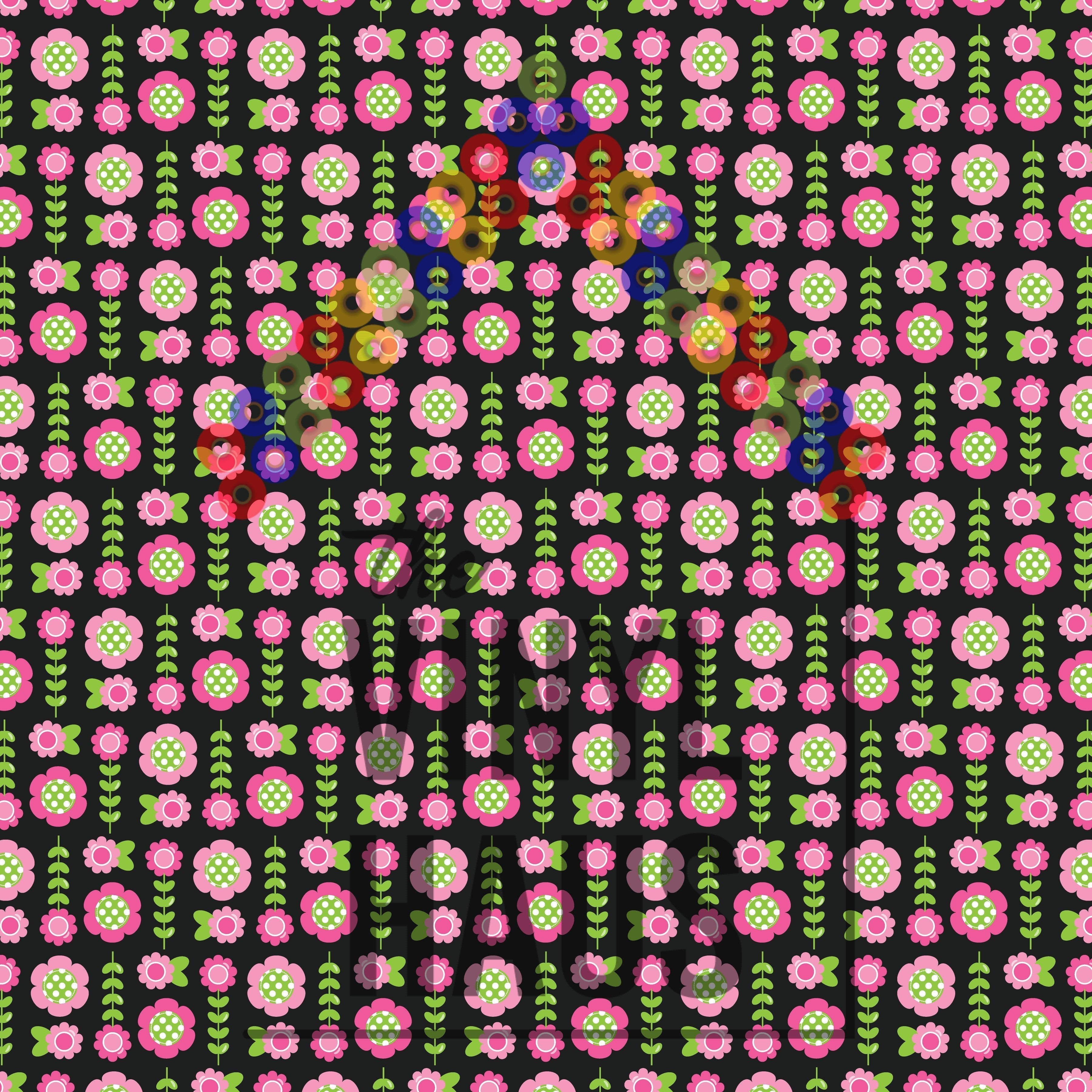 Pink Flowers Black Background Pattern Vinyl 12" x 9" - The Vinyl Haus