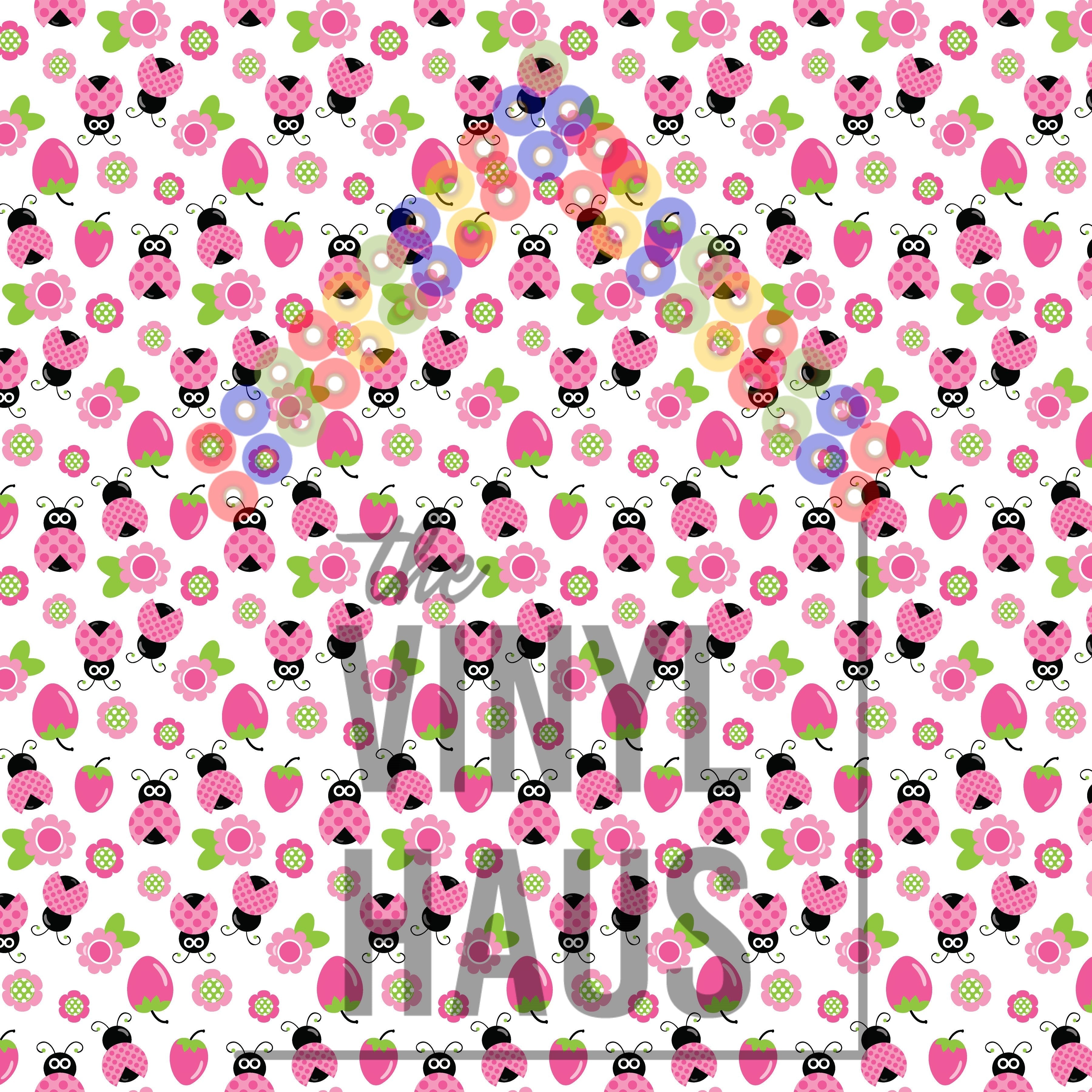 Pink Ladybugs and Flowers White Background Pattern Vinyl 12" x 9" - The Vinyl Haus Main image