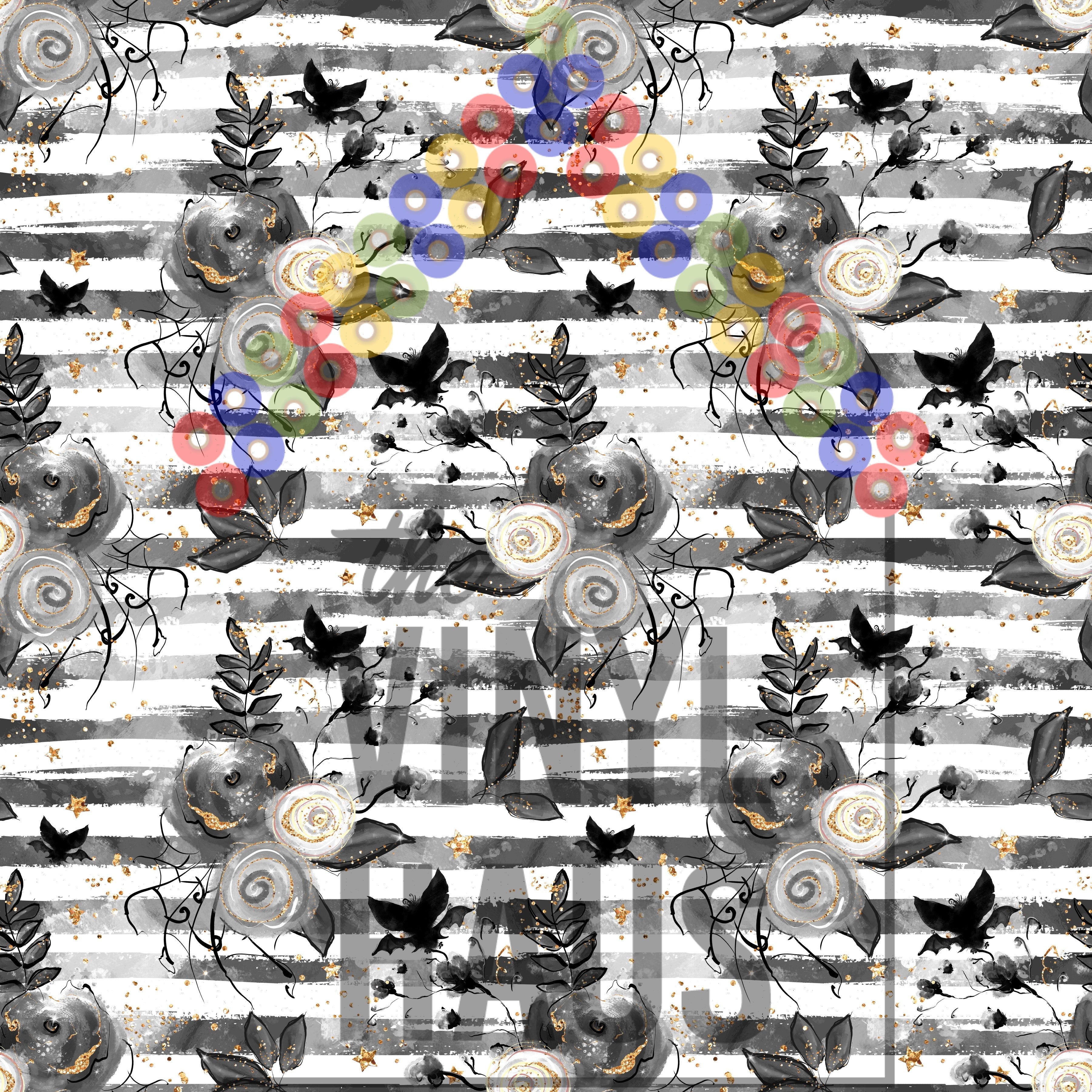 Halloween Floral Black Stripes Pattern Vinyl 12" x 9" - The Vinyl Haus Main image