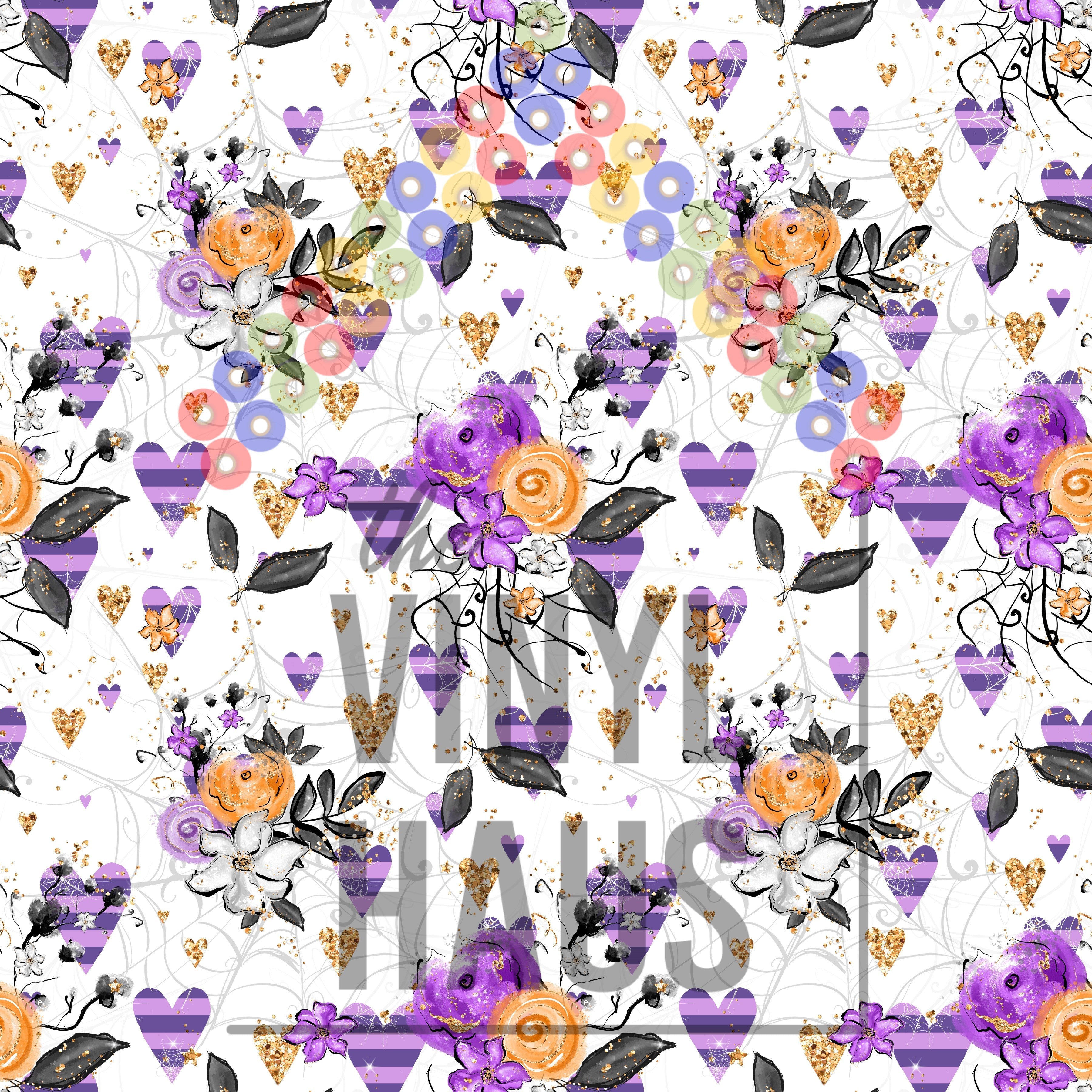 Halloween Floral With Purple Hearts Pattern Vinyl 12" x 9" - The Vinyl Haus Main image