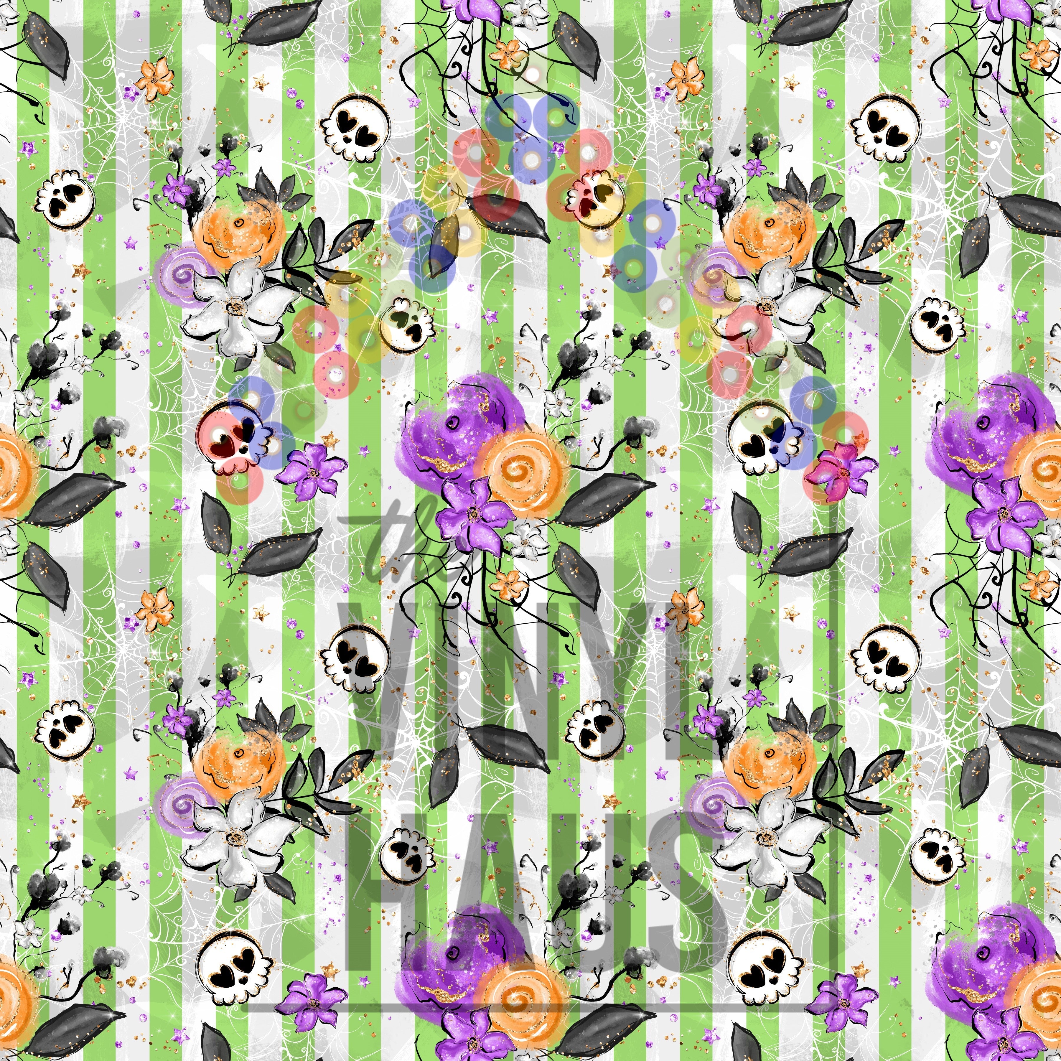 Halloween Floral With Green Stripes Pattern Vinyl 12" x 9" - The Vinyl Haus Main image