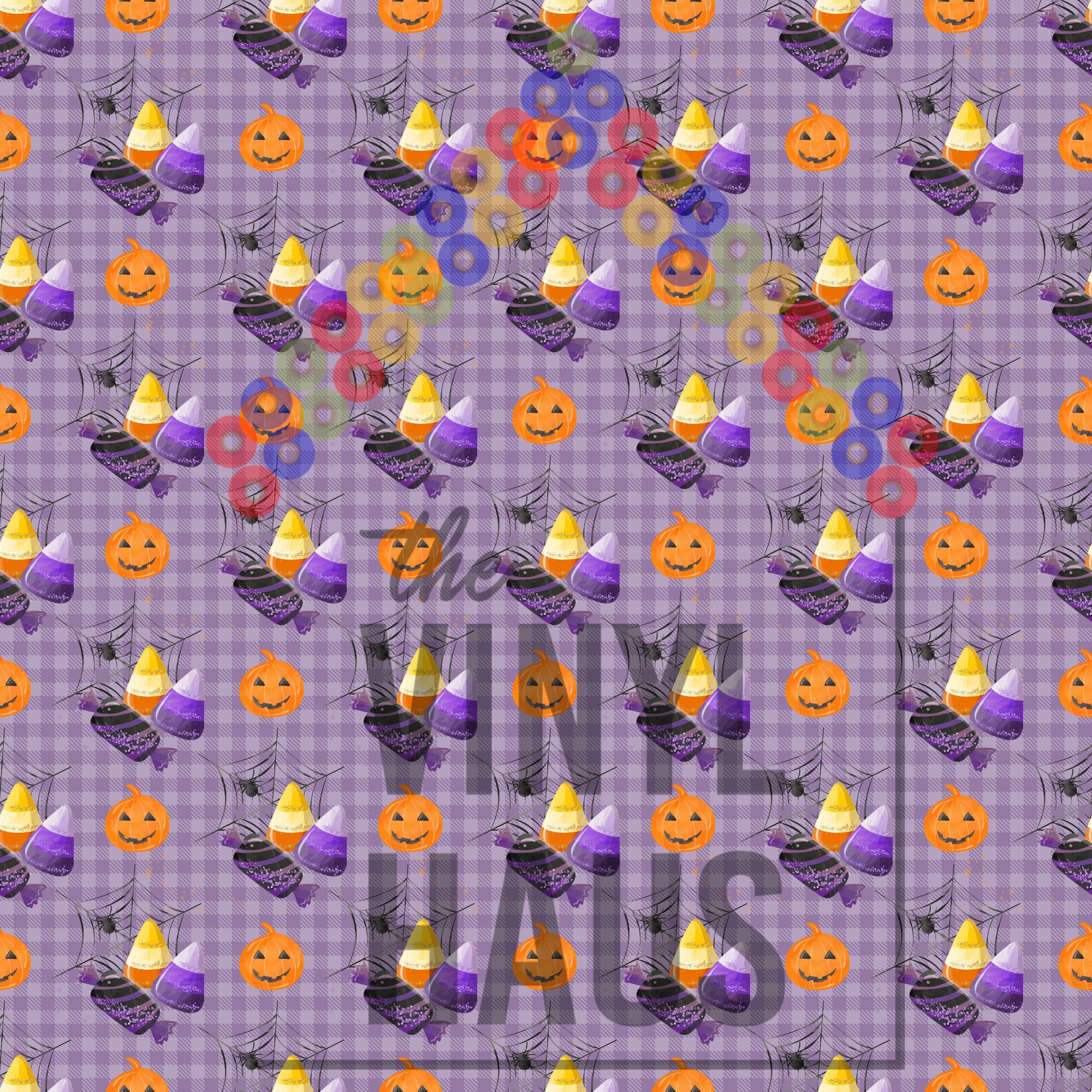 Halloween Candy and Pumpkins Purple Background Pattern Vinyl 12" x 12" - The Vinyl Haus Main image