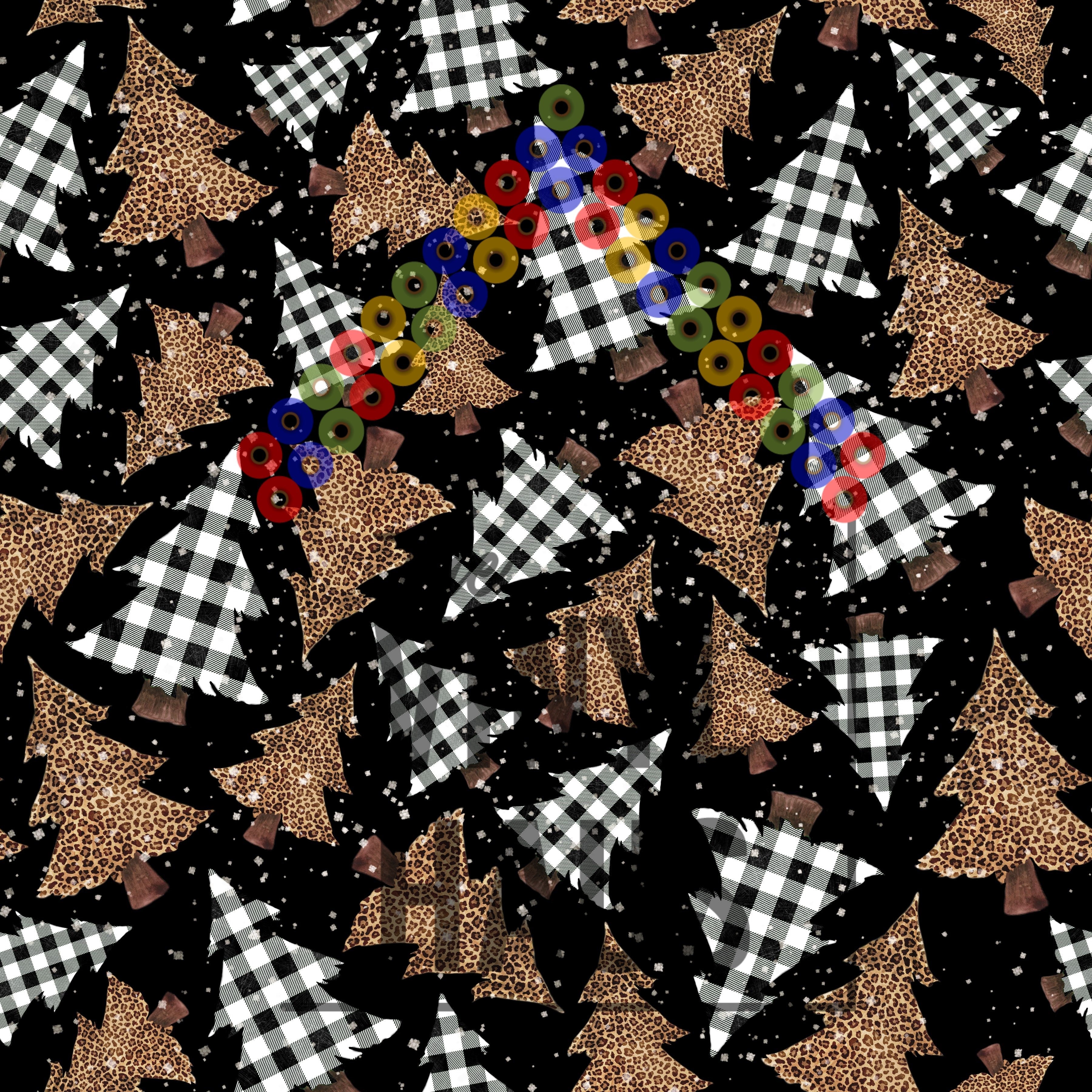 White Buffalo Plaid and Cheetah Christmas Trees Black Background Pattern Vinyl 12" x 12" - The Vinyl Haus