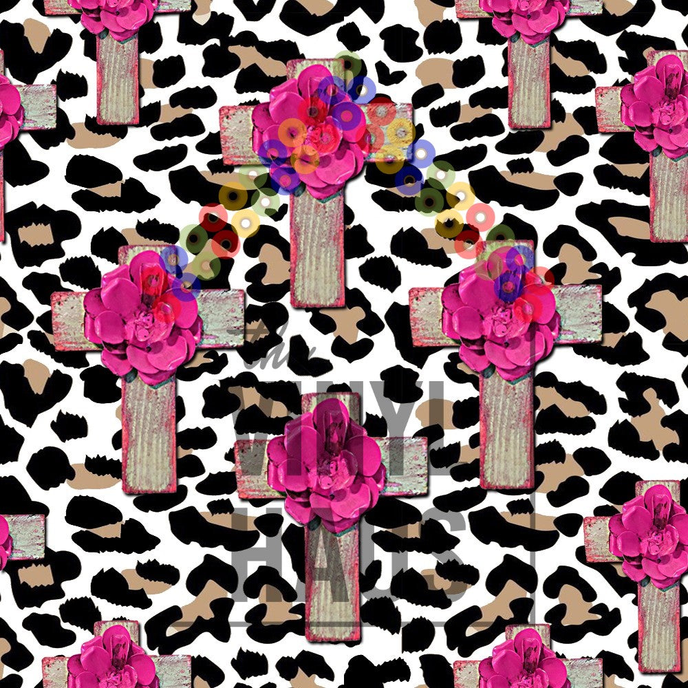 Cheetah with Cross and Rose Pattern Vinyl 12" x 12" - The Vinyl Haus Main image
