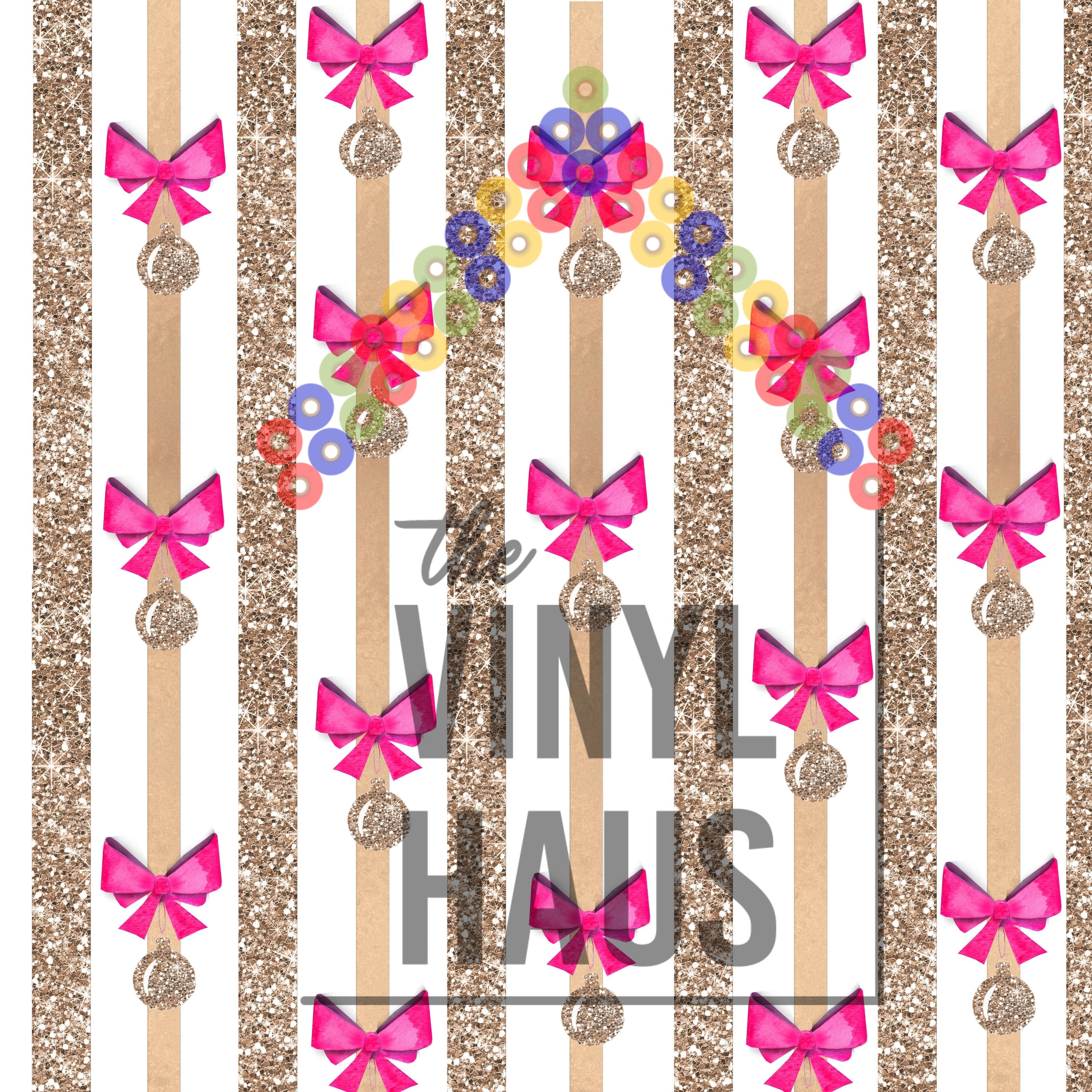 Pink Bow, Gold Glitter Ornament with Stripes Pattern Vinyl 12" x 12" - The Vinyl Haus Main image