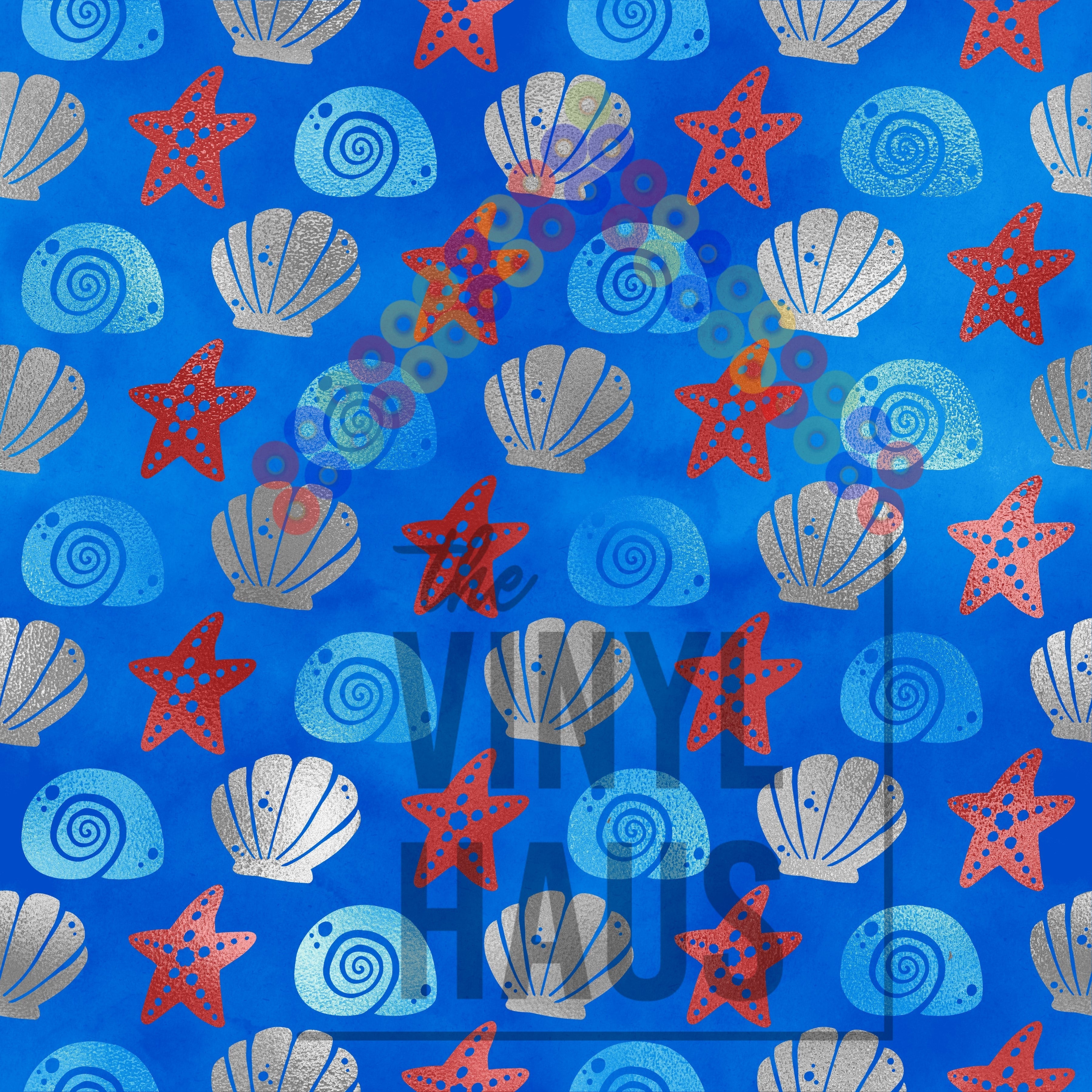 Red, White and Blue Star Fish and Shells Pattern Vinyl 12" x 12" - The Vinyl Haus Main image