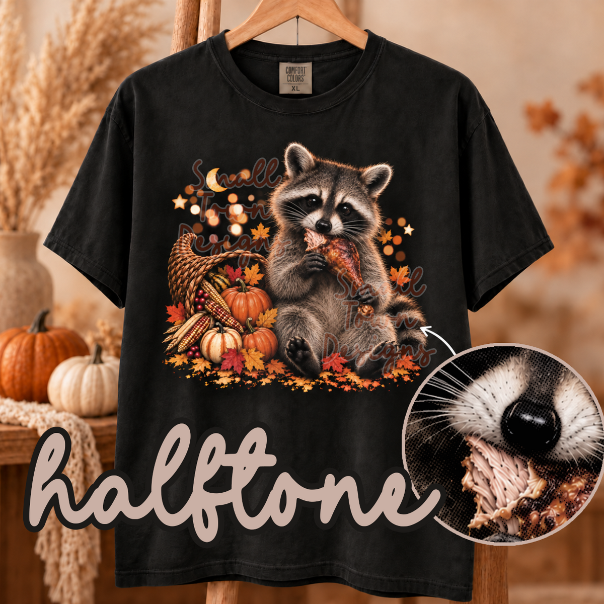 DTF PRINT - Raccoon with Turkey Leg Halftone