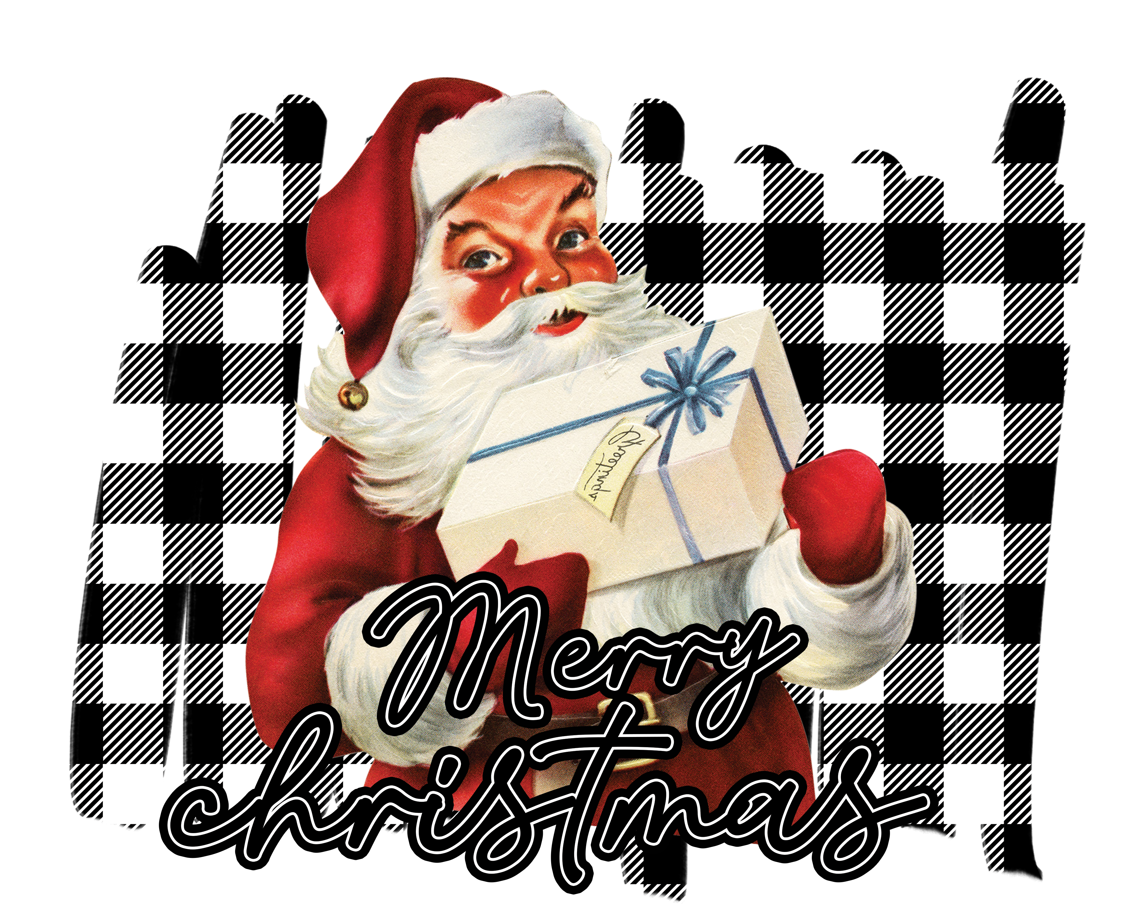Sublimation Prints - Vintage Santa With Package White Buffalo Plaid Background - The Vinyl Haus Main image