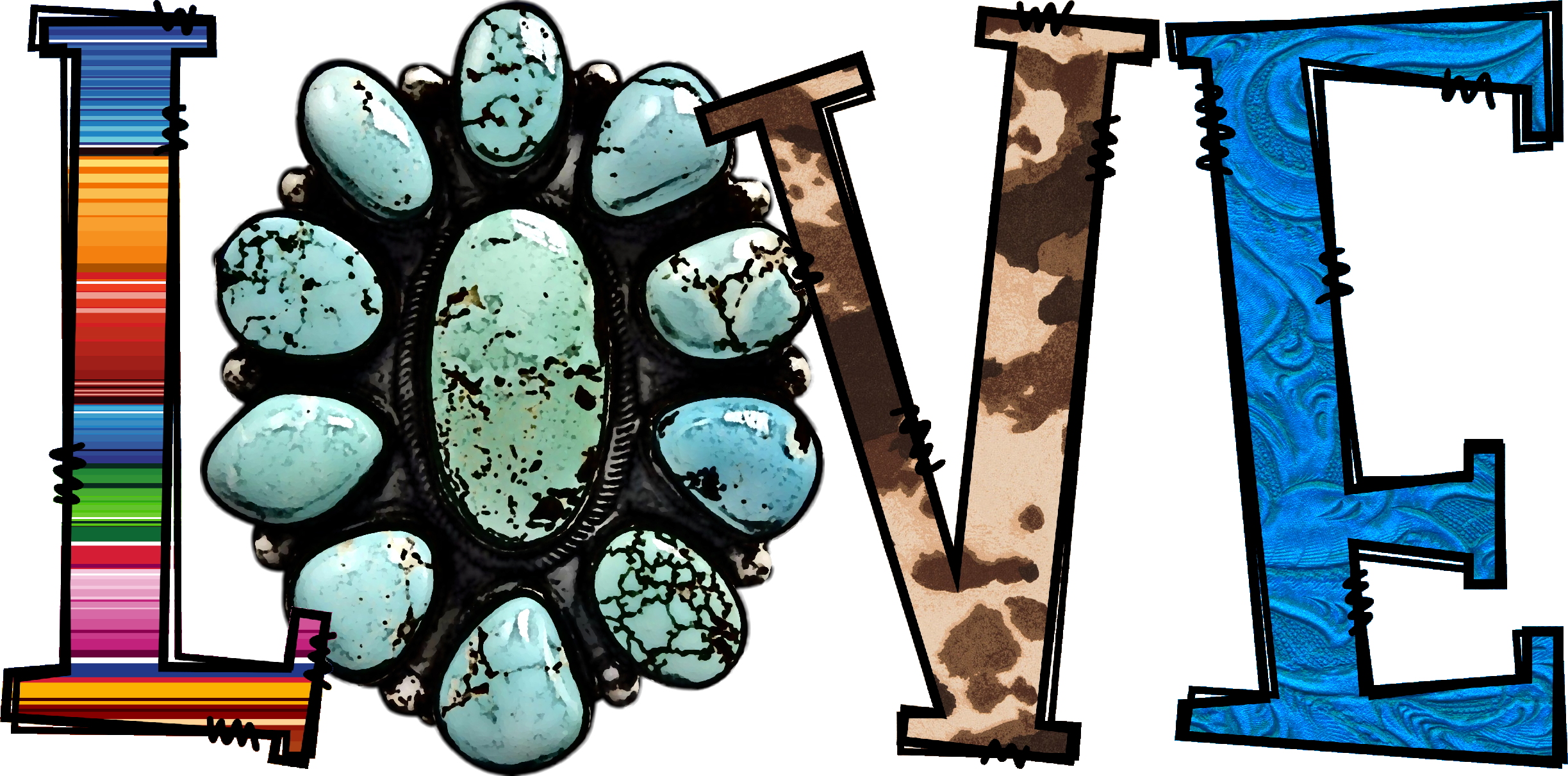 Sublimation Prints - Serape Turquoise Cow LOVE - The Vinyl Haus Main image