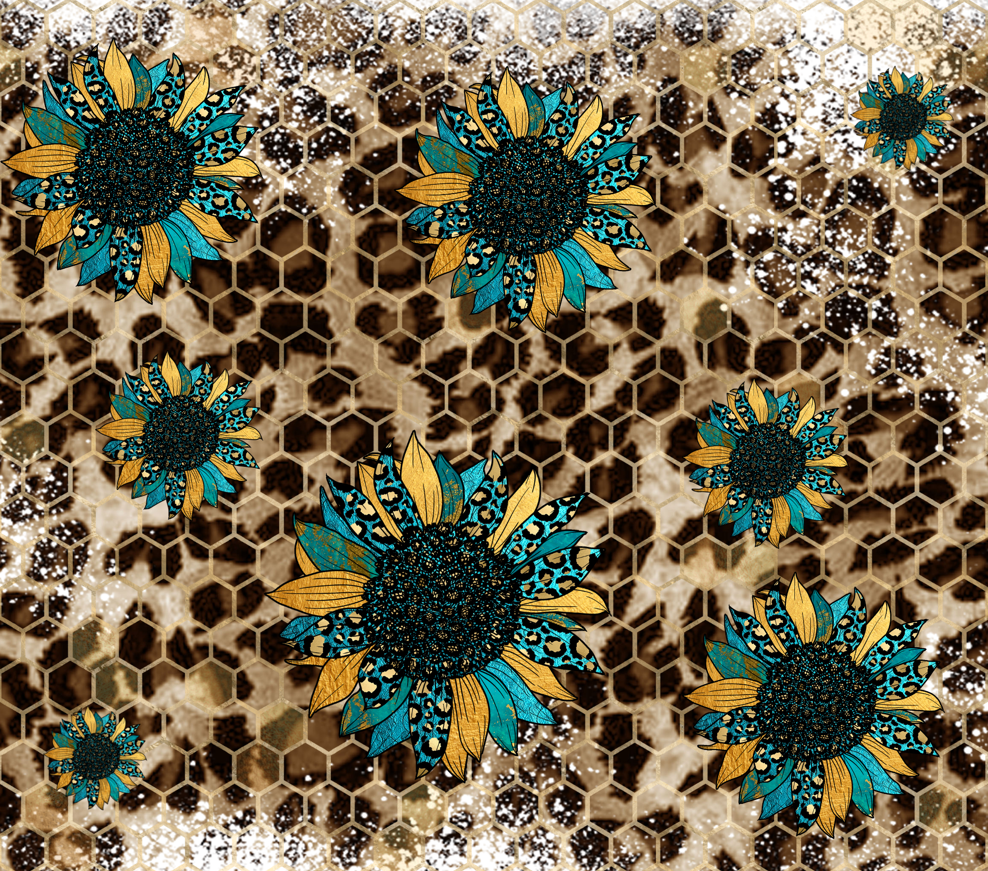 Sublimation Tumbler Wrap - Cheetah Sunflowers and Honeycomb - The Vinyl Haus Main image