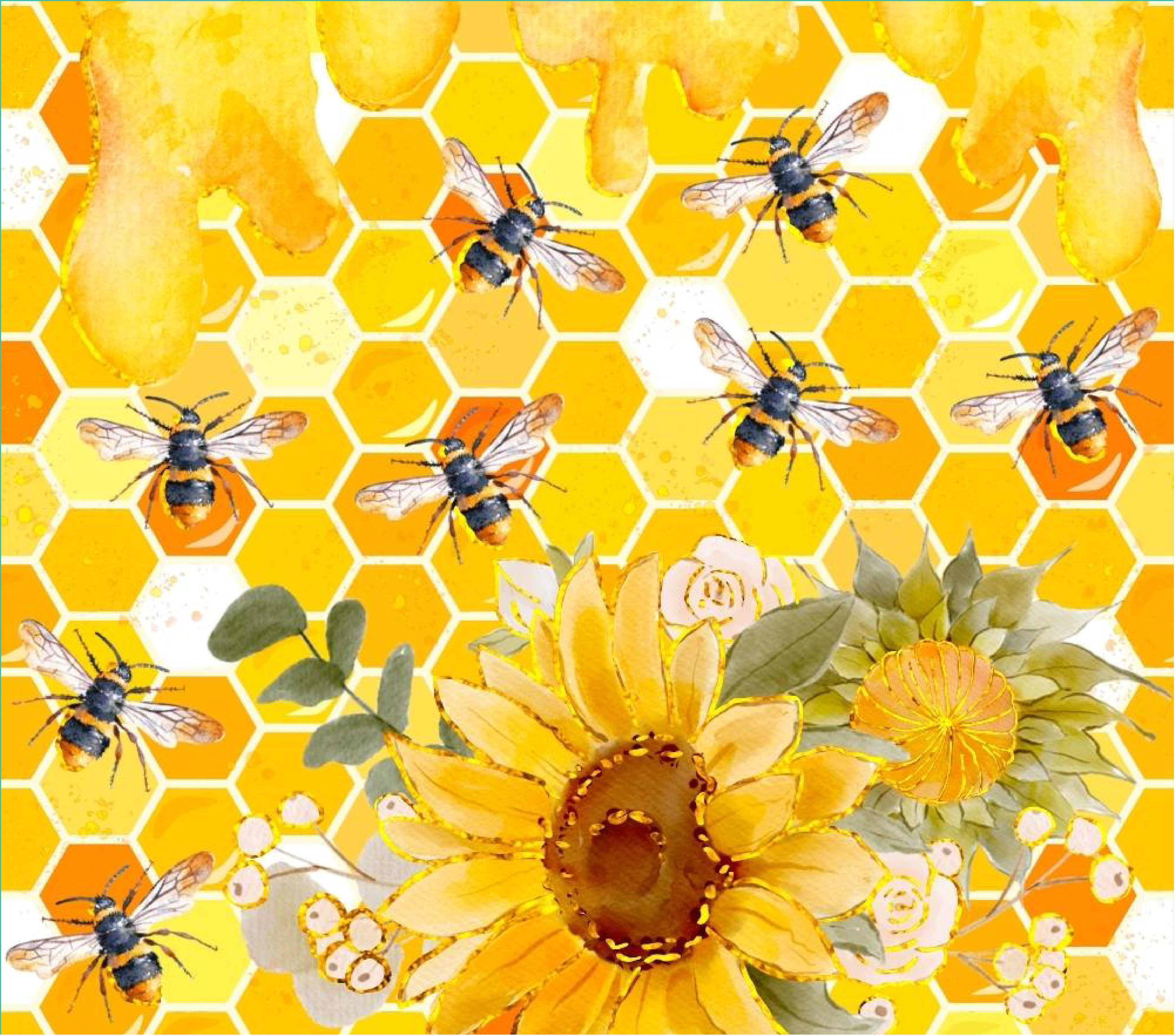Sublimation Tumbler Wrap - Sunflowers and Bees - The Vinyl Haus Main image