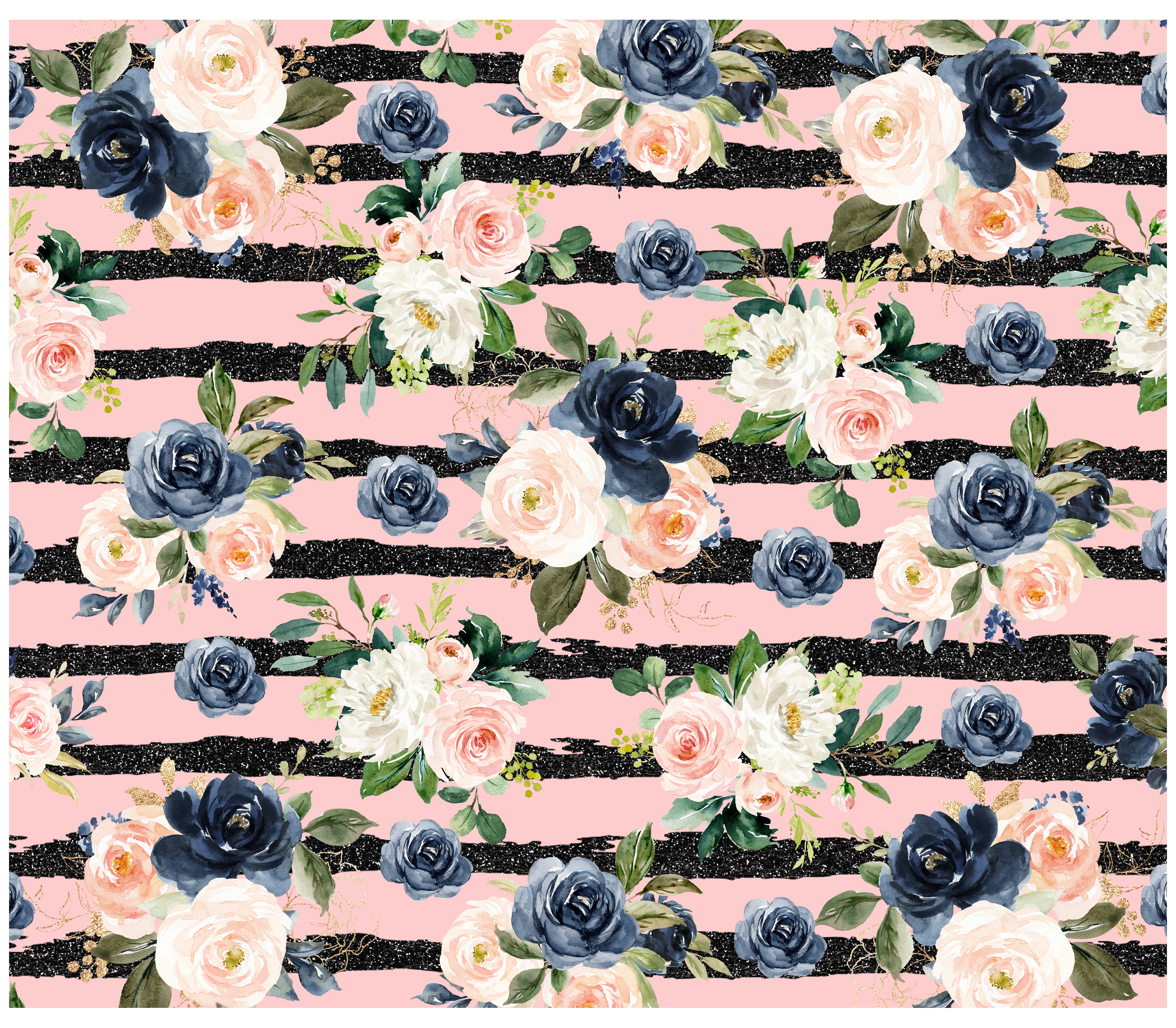 Sublimation Tumbler Wrap - Blue and White Flowers on Stripes - The Vinyl Haus Main image