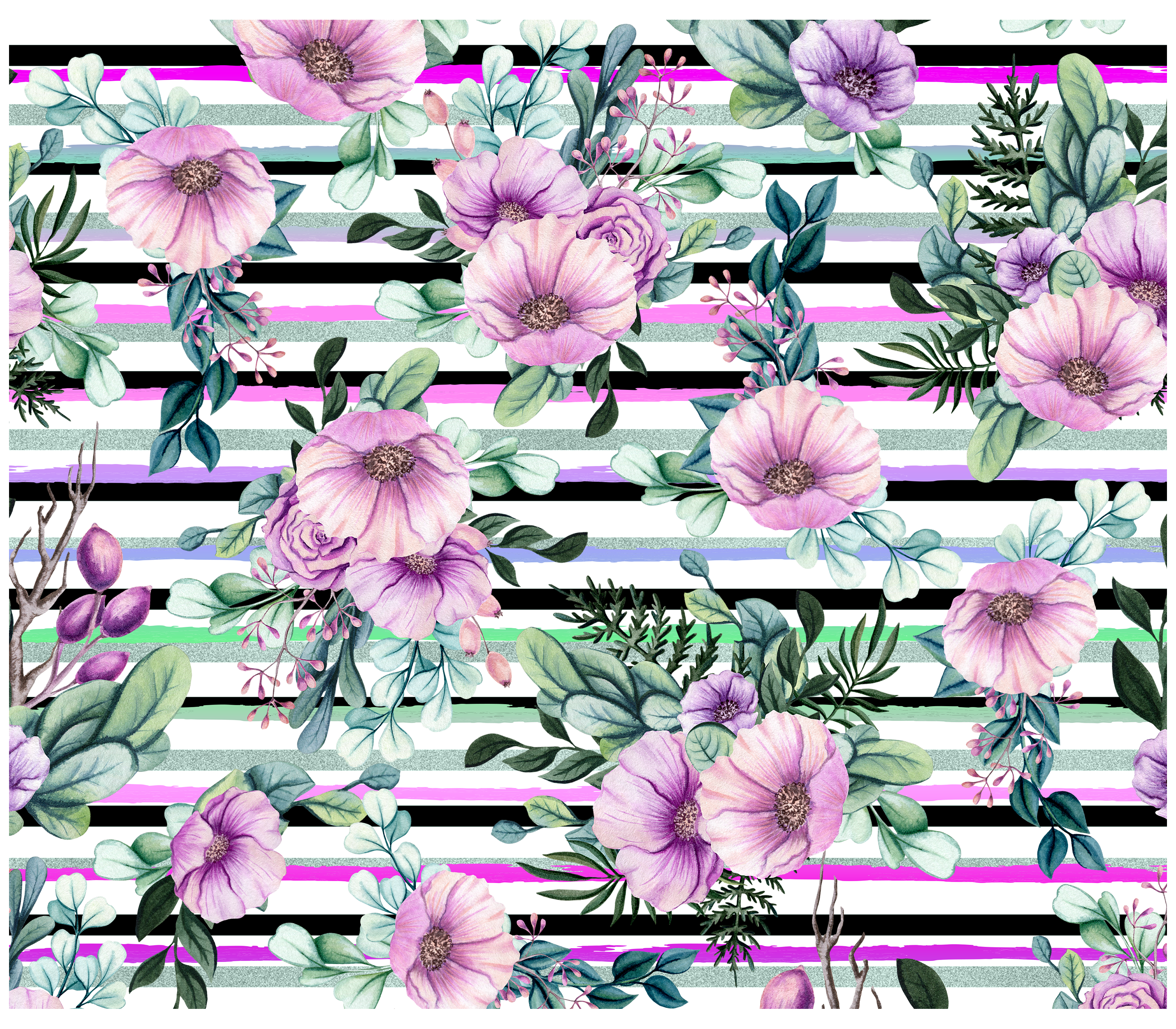Sublimation Tumbler Wrap - Flowers on Pink and Black Stripes - The Vinyl Haus Main image