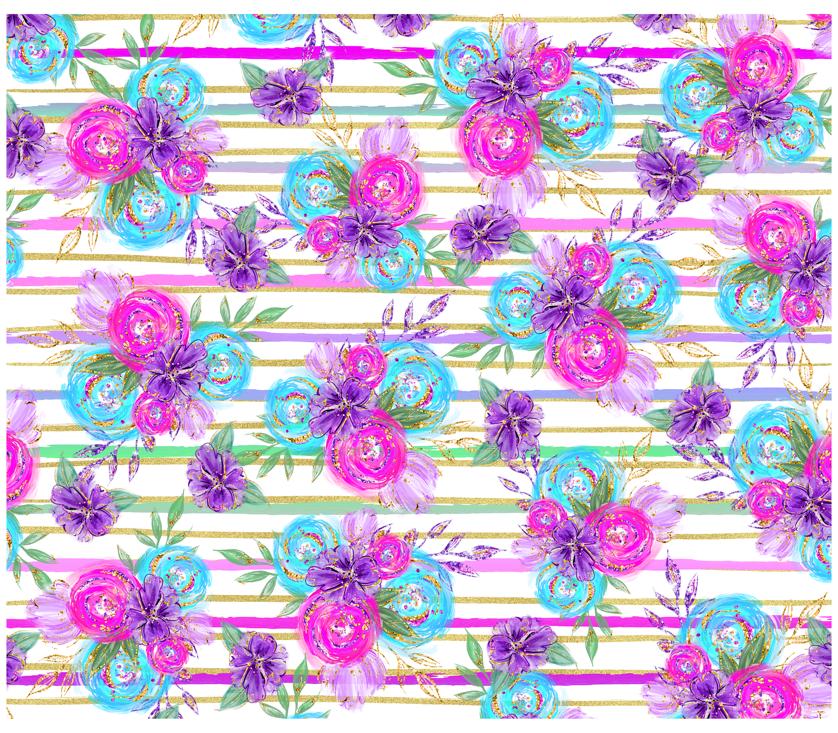 Sublimation Tumbler Wrap - Pink Blue and Purple Flowers on Stripes - The Vinyl Haus Main image