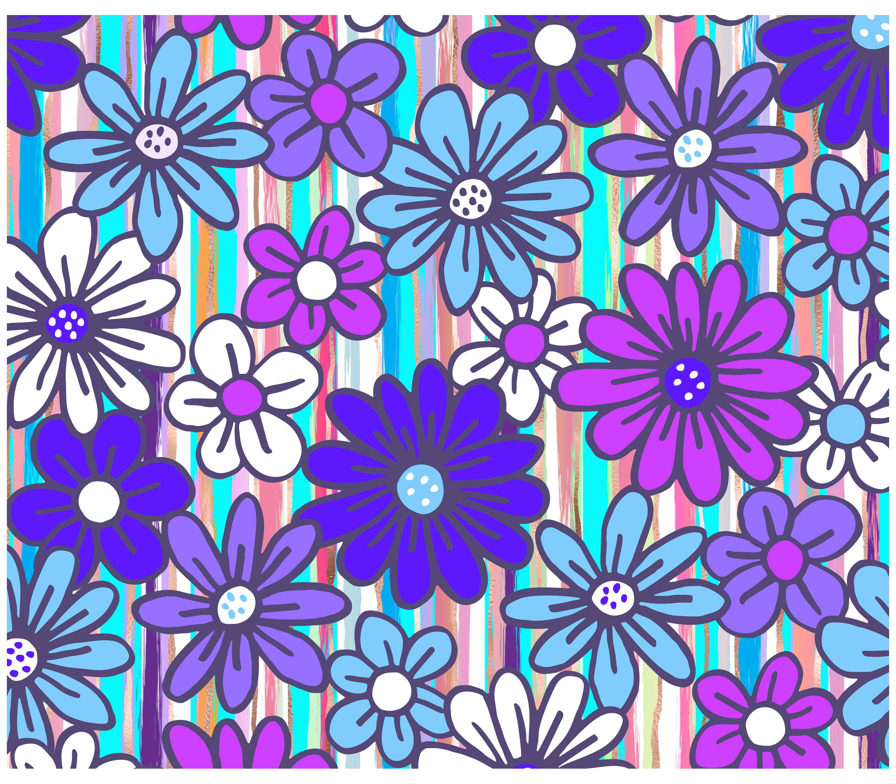 Sublimation Tumbler Wrap - Blue Purple and White Daisies on Stripes - The Vinyl Haus Main image