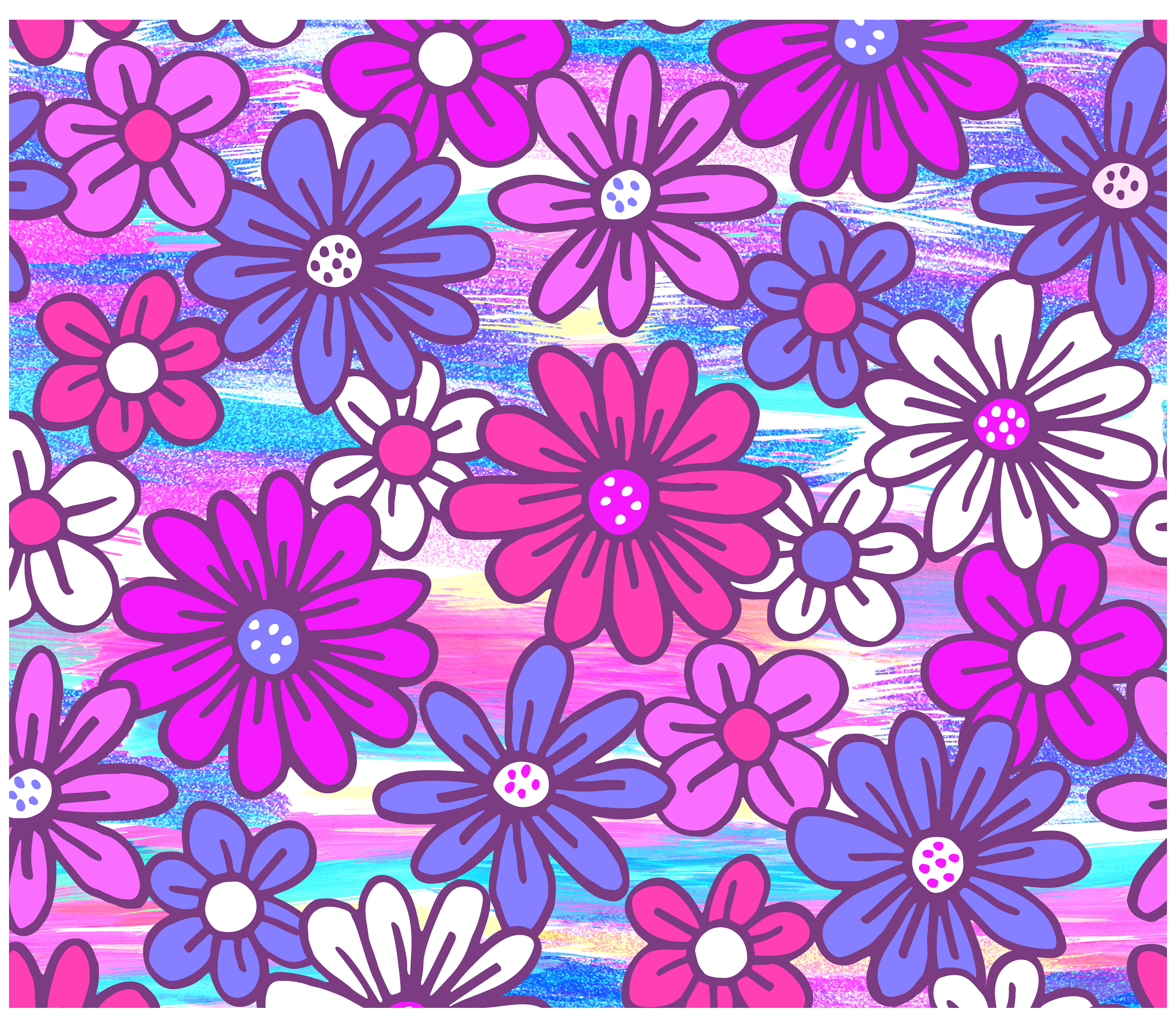Sublimation Tumbler Wrap - Pink Purple and White Daisies on Stripes - The Vinyl Haus Main image