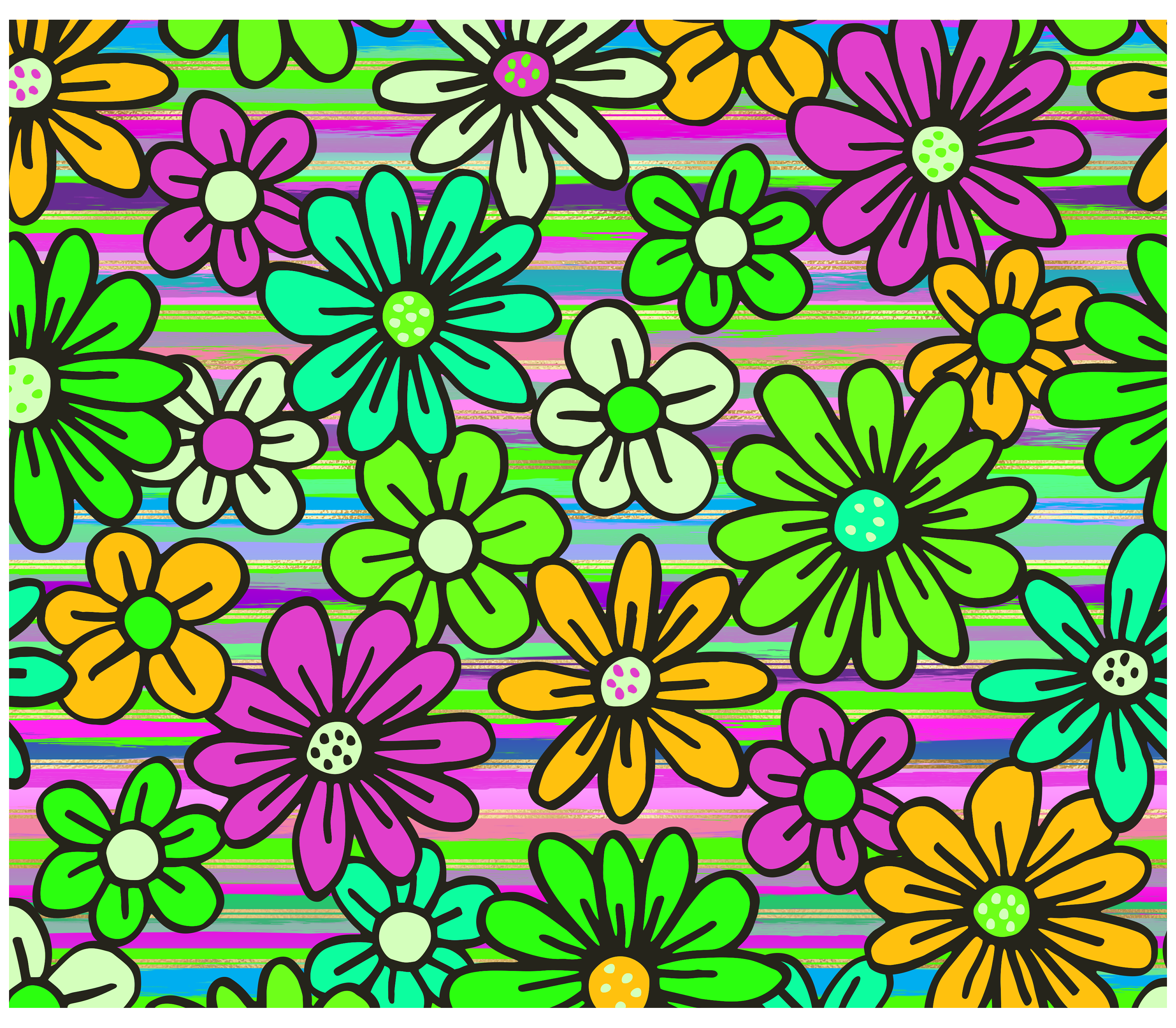 Sublimation Tumbler Wrap - Green Purple and Yellow Daisies on Stripes - The Vinyl Haus Main image