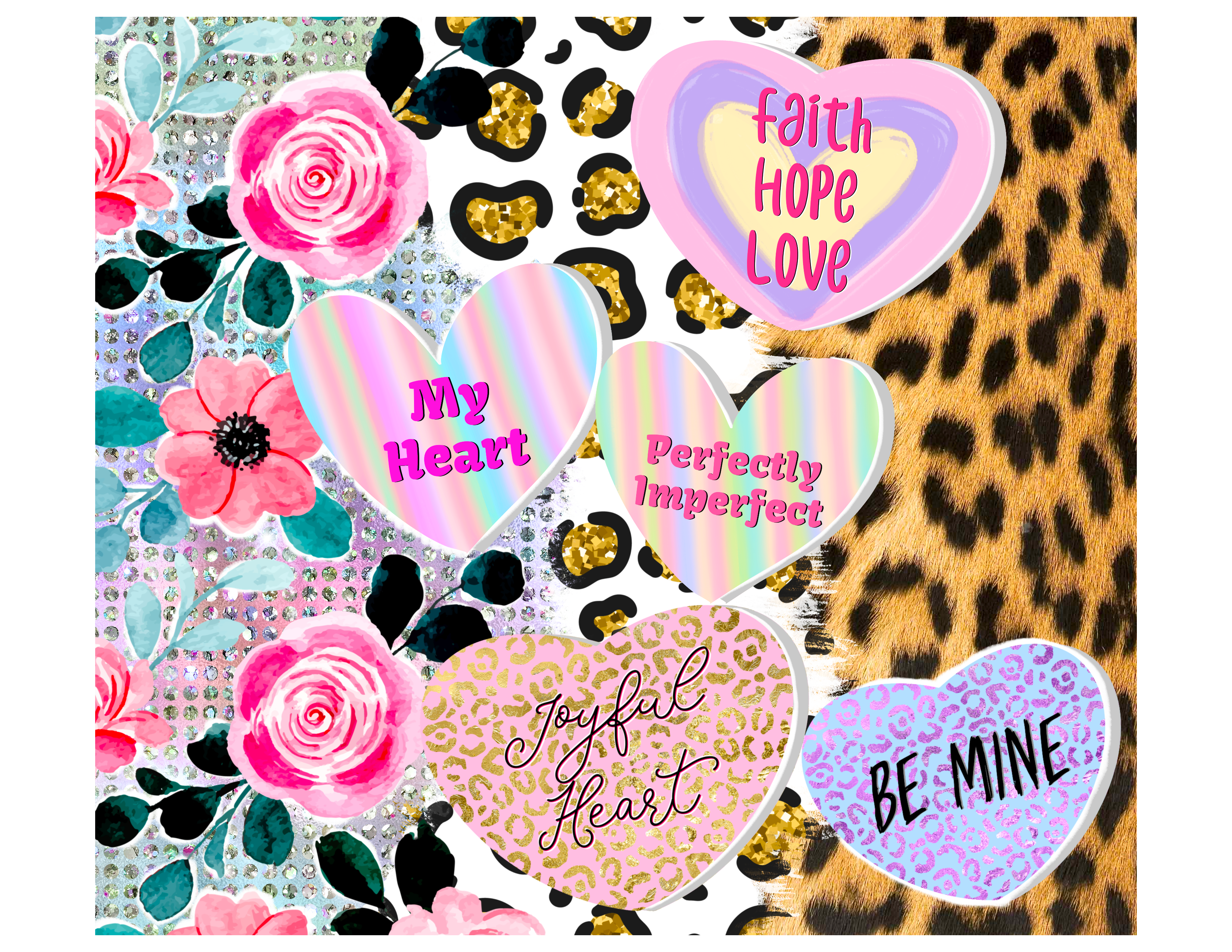 Sublimation Tumbler Wrap - Leopard Floral Valentine Hearts - The Vinyl Haus Main image