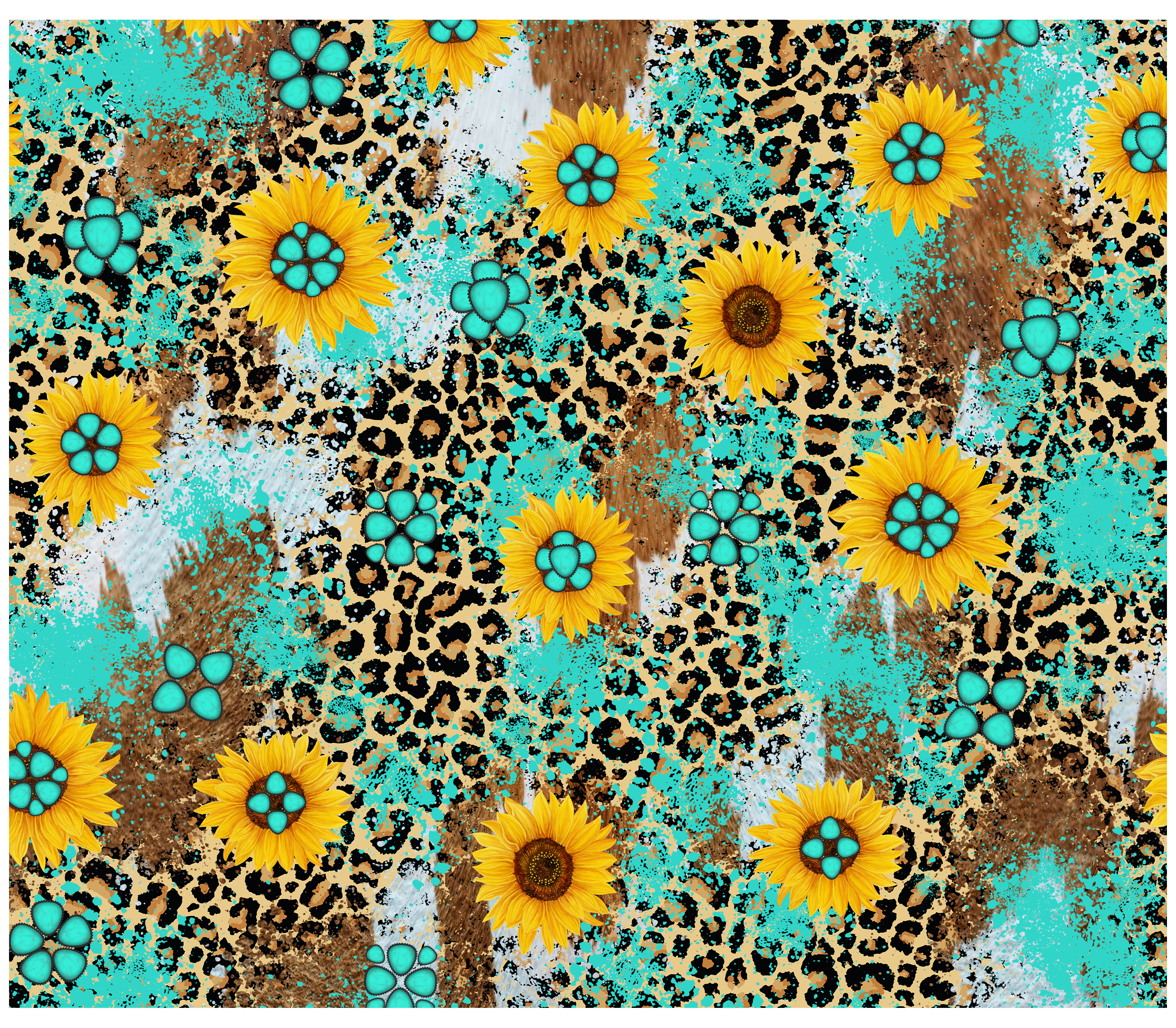Sublimation Tumbler Wrap - Leopard Sunflowers and Turquoise - The Vinyl Haus Main image