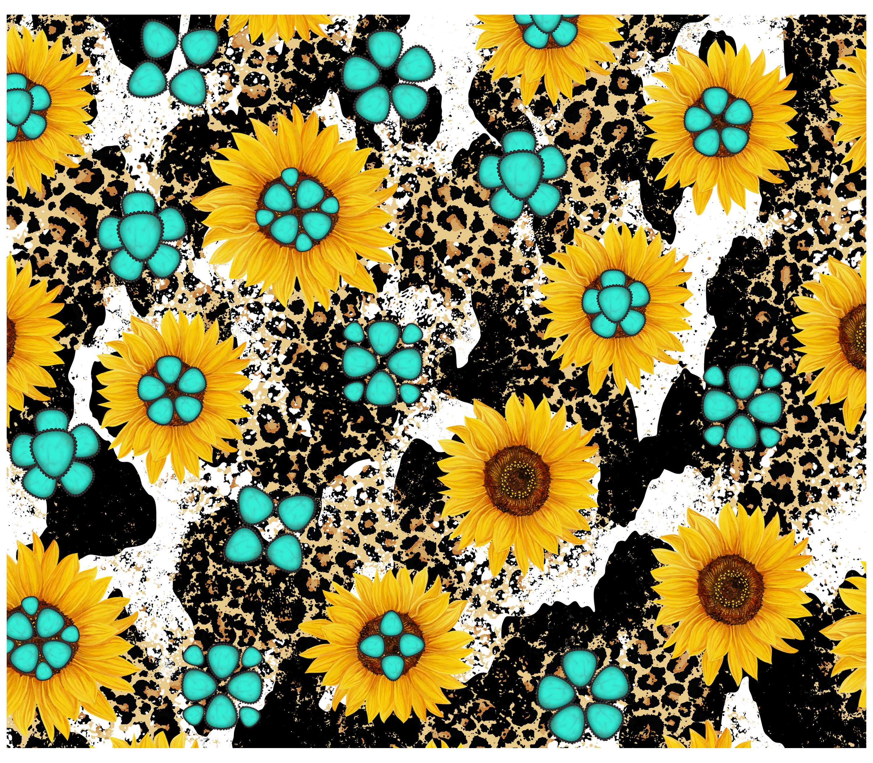 Sublimation Tumbler Wrap - Leopard Cowprint Sunflowers and Turquoise - The Vinyl Haus Main image