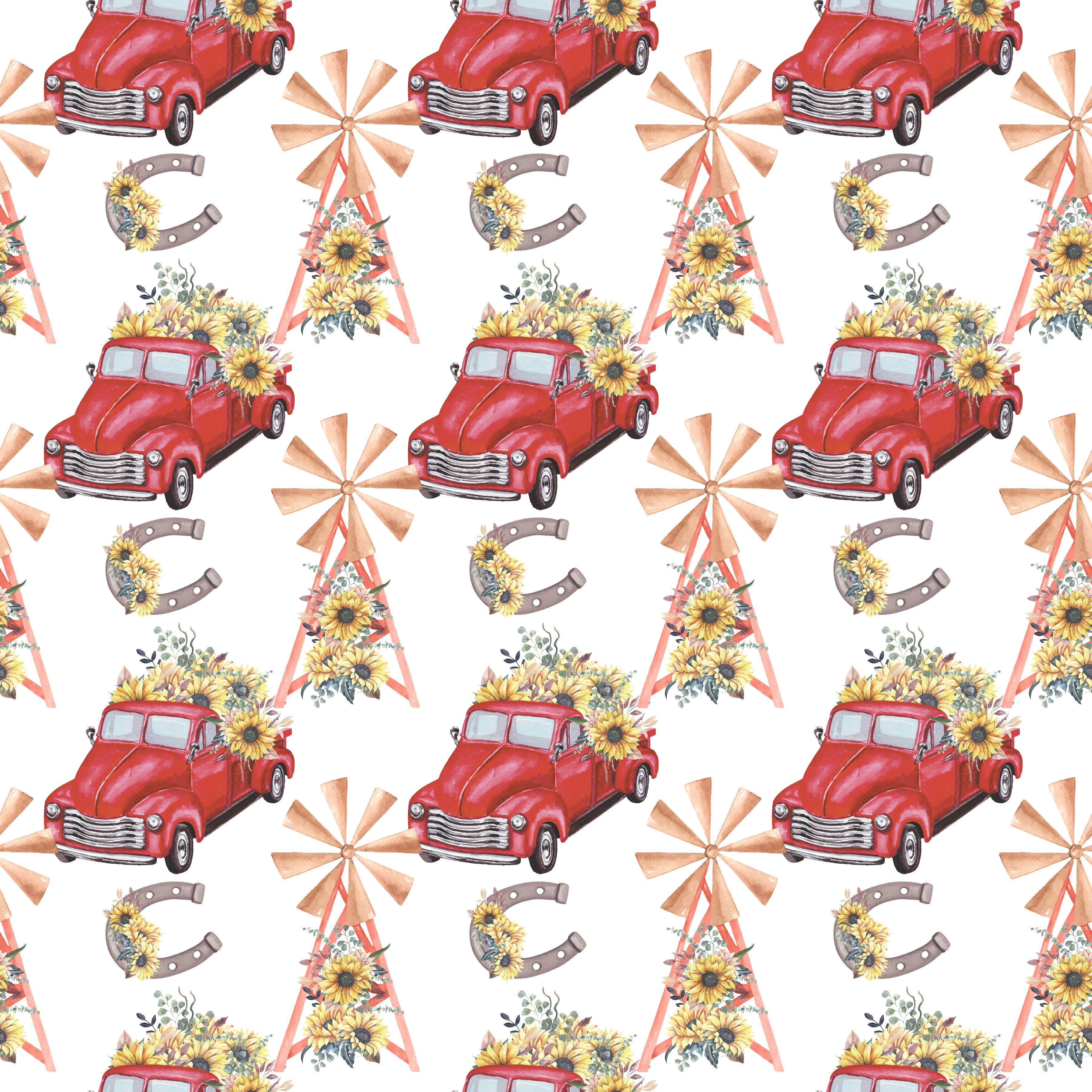 Red Farmhouse Trucks and Sunflowers Pattern Vinyl 12" x 12" - The Vinyl Haus