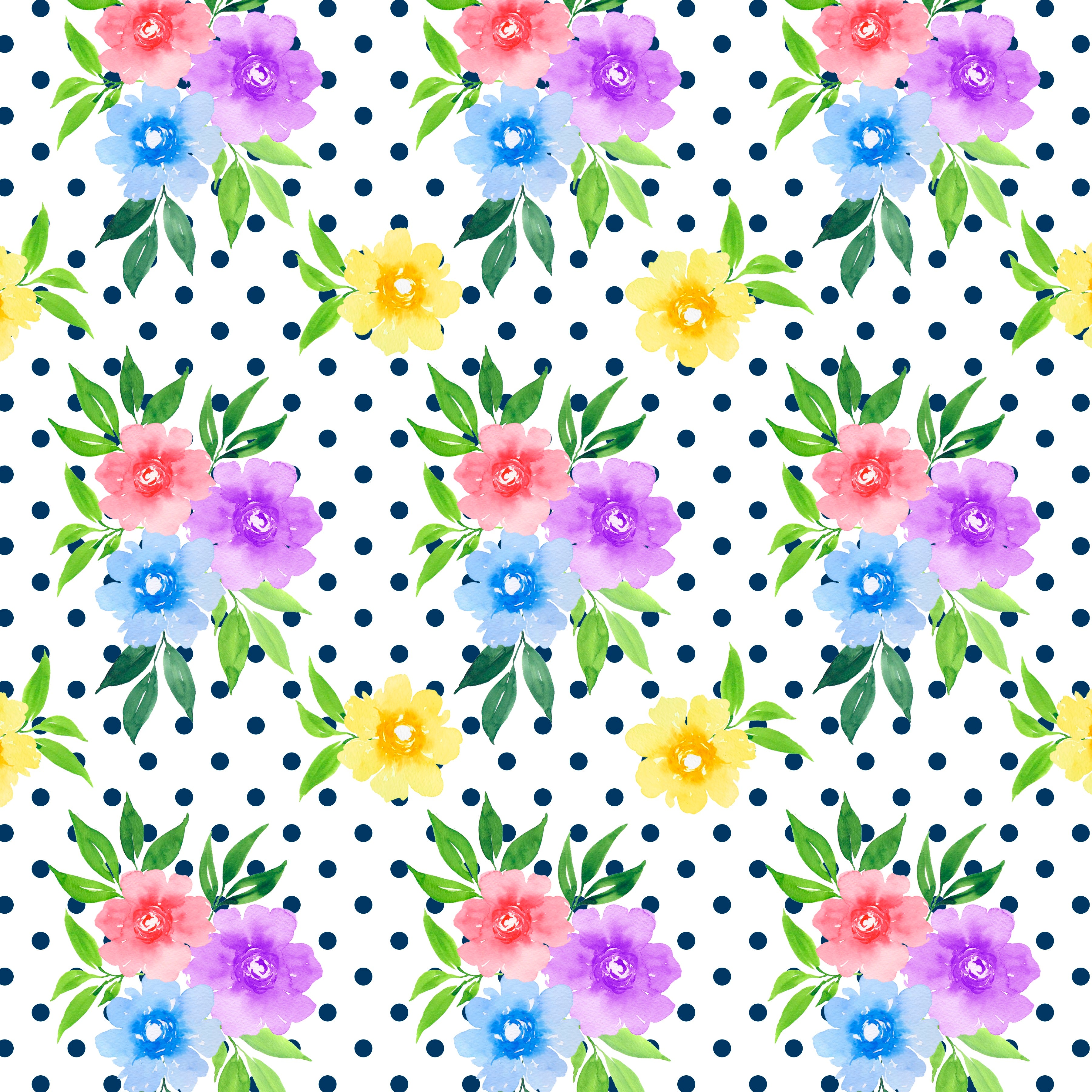 Garden Floral On White With  Navy Dots Pattern Vinyl 12" x 12" - The Vinyl Haus