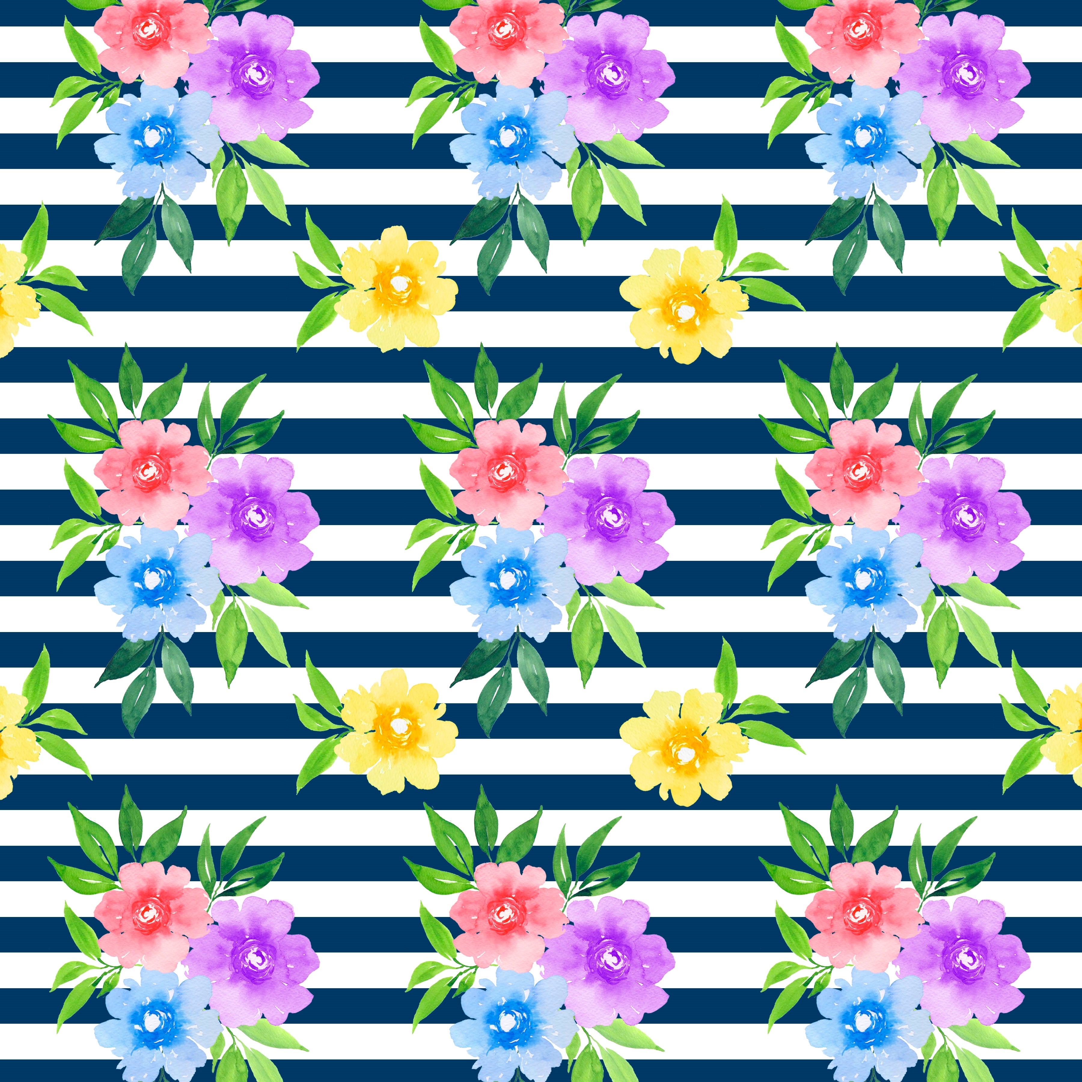 Garden Floral On Navy With White Horizontal Stripes Pattern Vinyl 12" x 12" - The Vinyl Haus