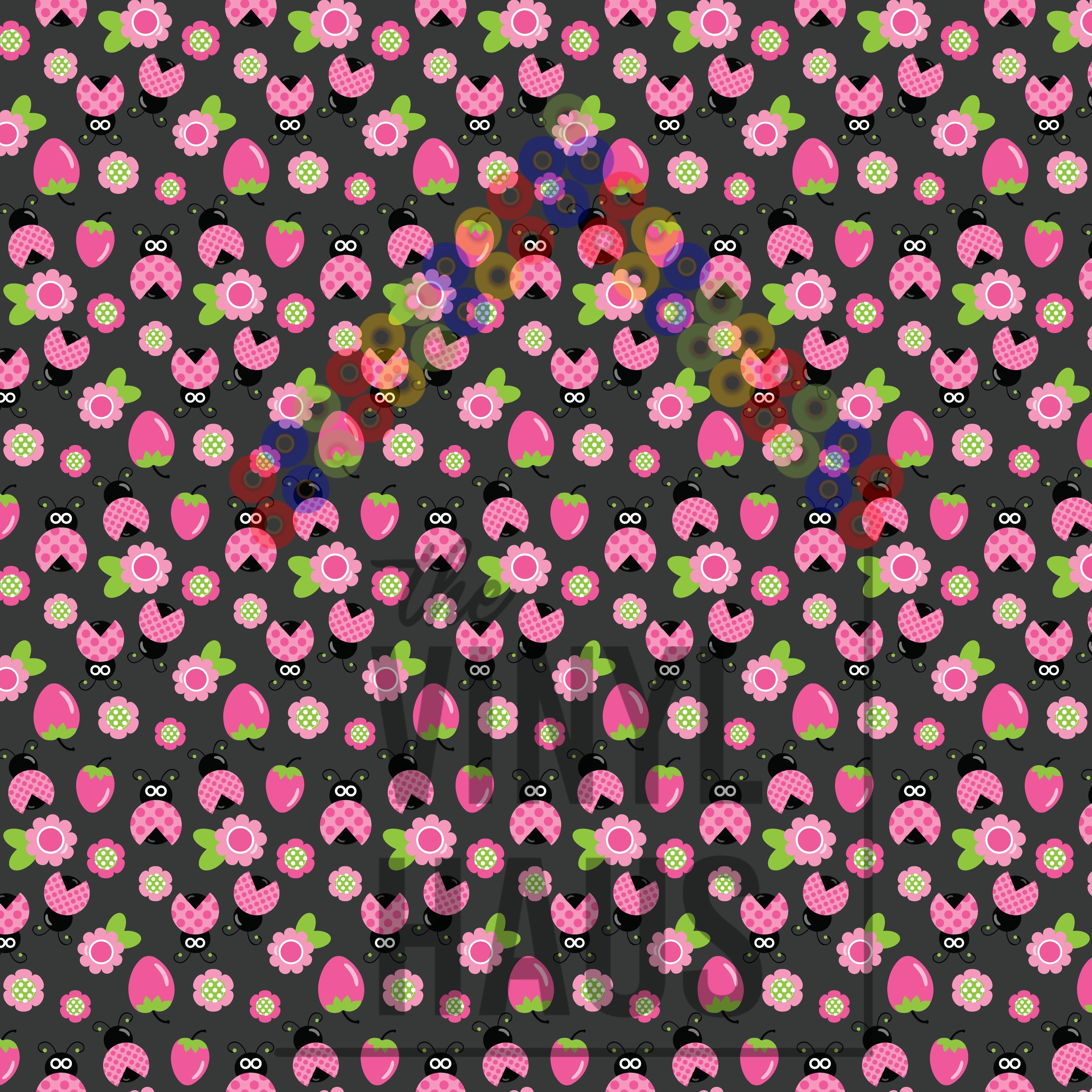 Pink Ladybugs and Flowers Black Background Pattern Vinyl 12" x 9" - The Vinyl Haus
