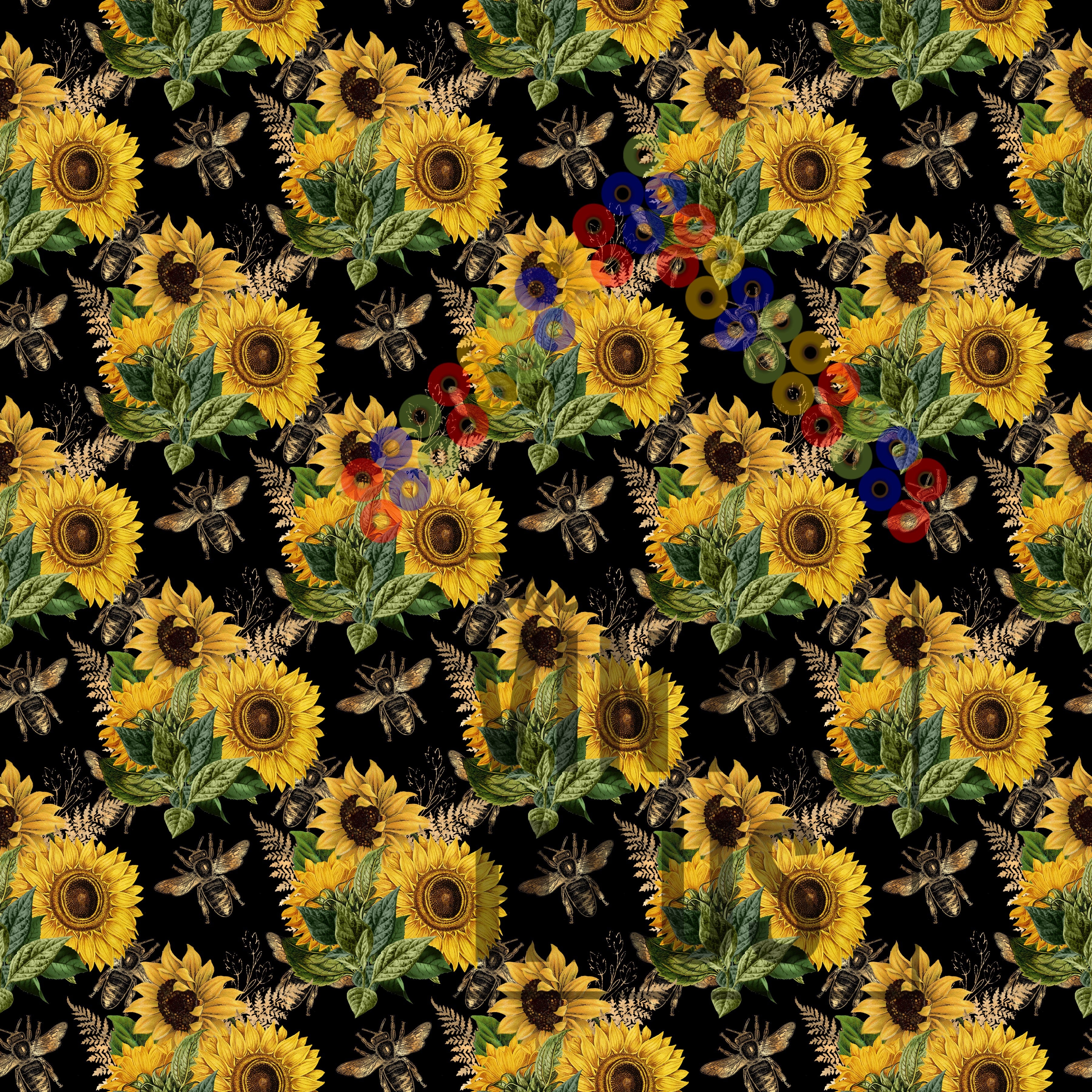 Sunflower and Bee with Black Background Pattern Vinyl 12" x 12" - The Vinyl Haus
