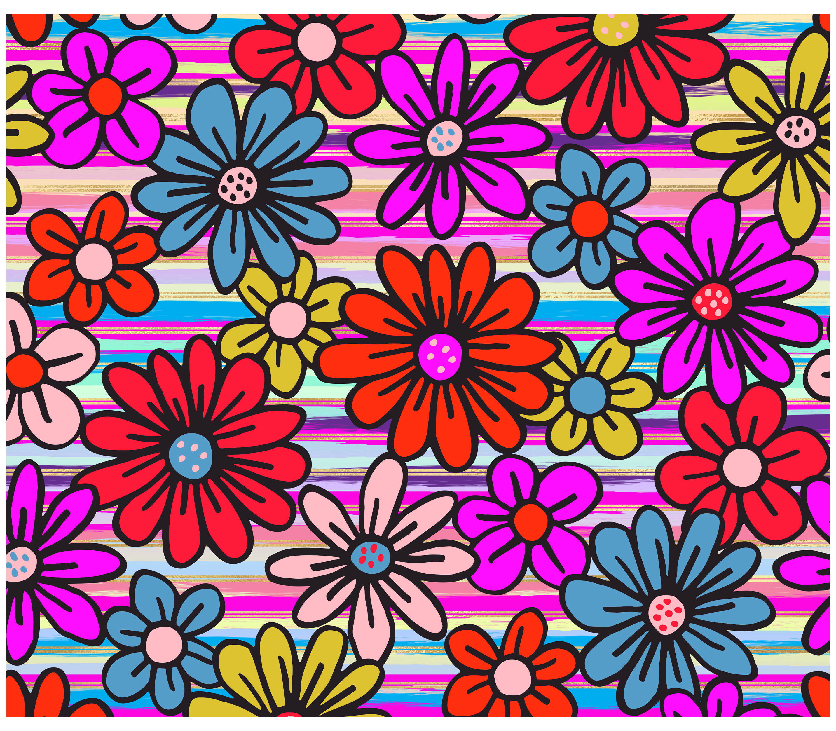 Sublimation Tumbler Wrap - Red Yellow and Blue Daisies on Stripes - The Vinyl Haus