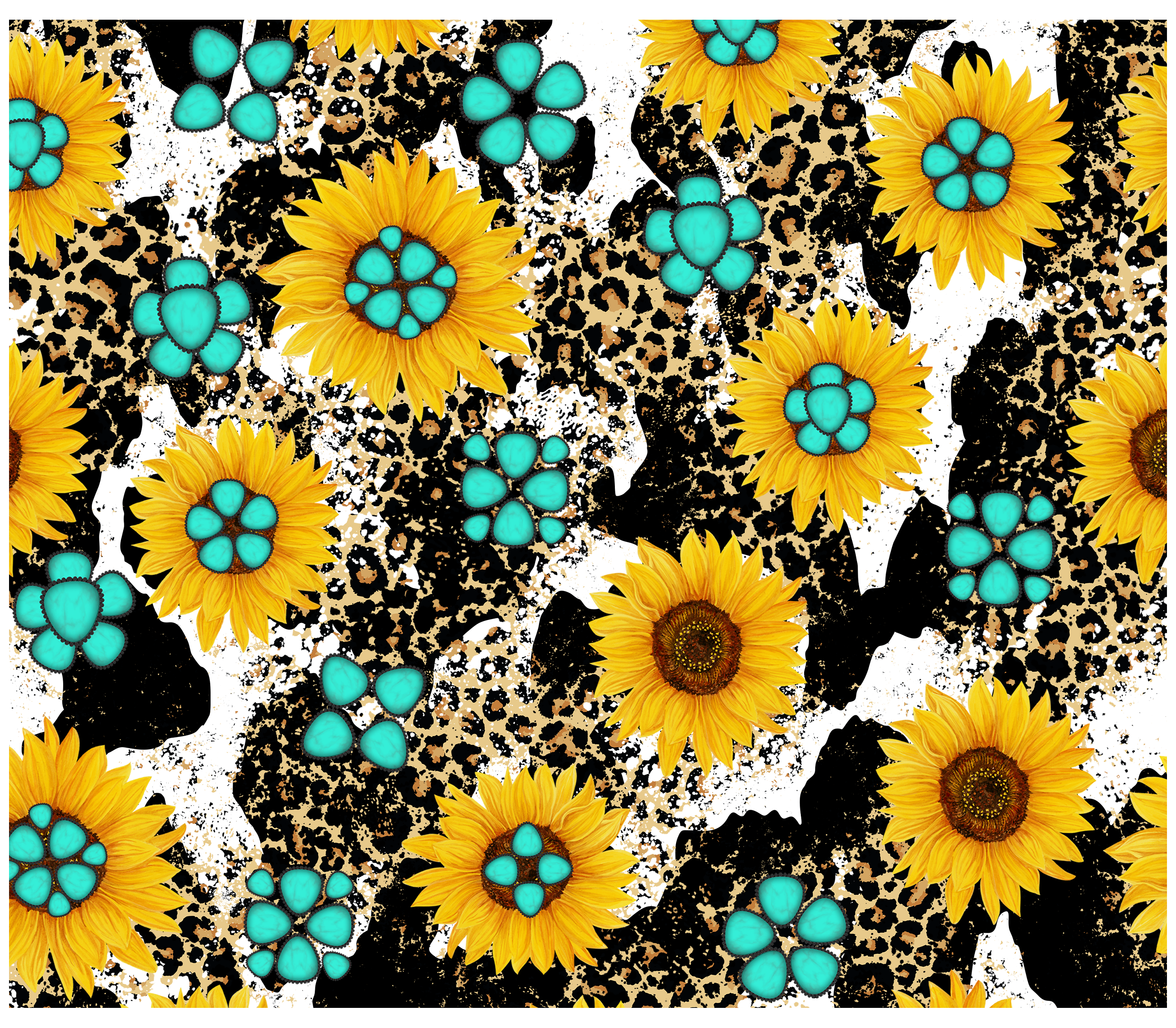 Sublimation Tumbler Wrap - Leopard Cowprint Sunflowers and Turquoise - The Vinyl Haus